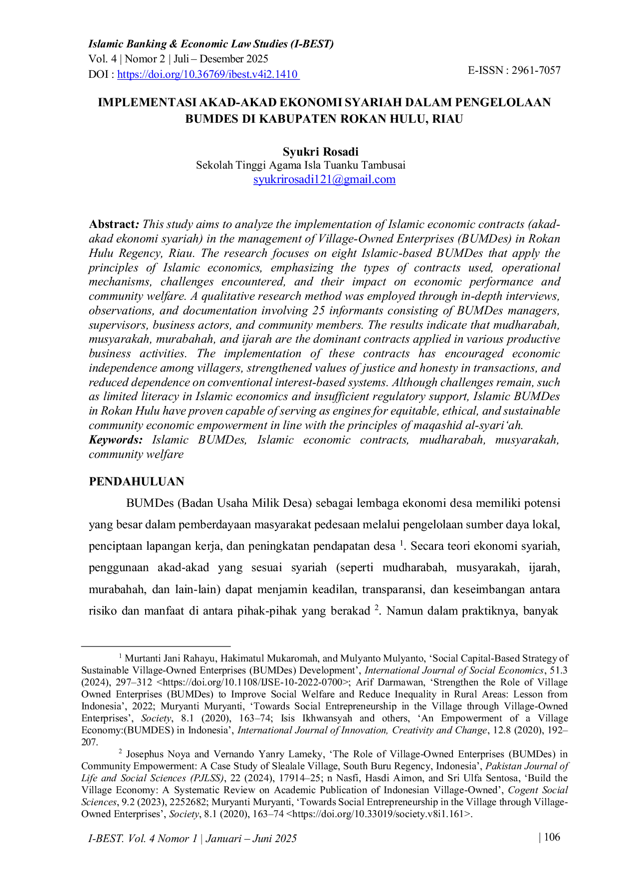 JURIS Implementasi Akad Akad Ekonomi Syariah dalam Pengelolaan Bumdes di Kabupaten Rokan Hulu Riau
