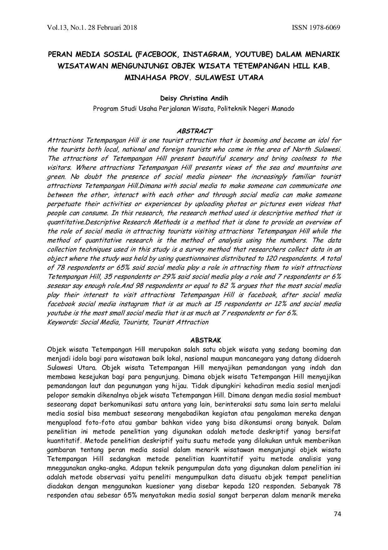 JURIS Peran Media Sosial Facebook Instagram YouTube Dalam Menarik Wisatawan Mengunjungi Objek Wisata Tetempangan Hill Kab Minahasa Prov Sulawesi Utara
