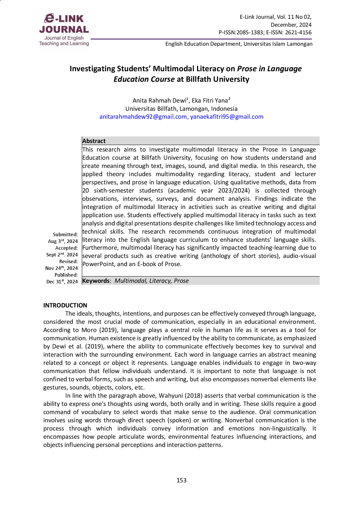 juris Investigating Students Multimodal Literacy on Prose in Language Education Course at Billfath University