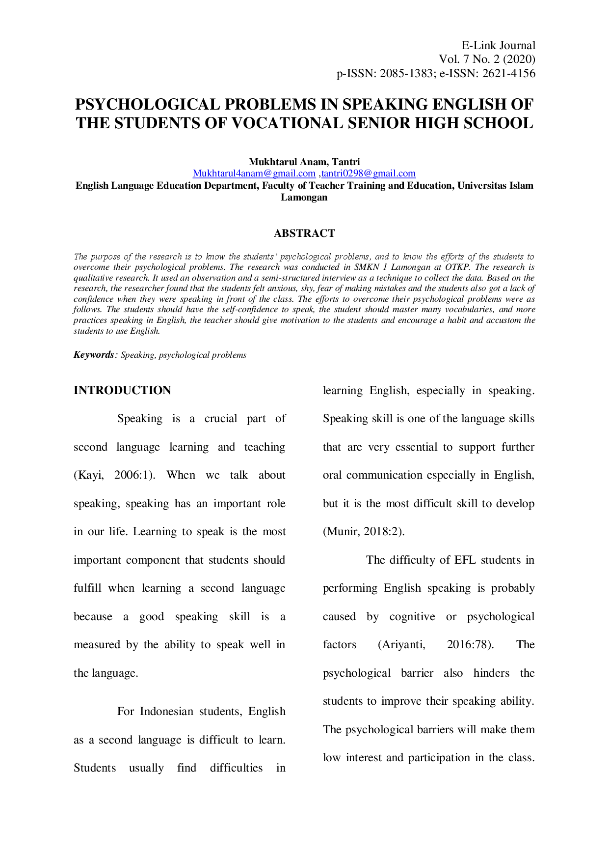 juris Psychological Problems In Speaking English Of The Students Of Vocational Senior High School