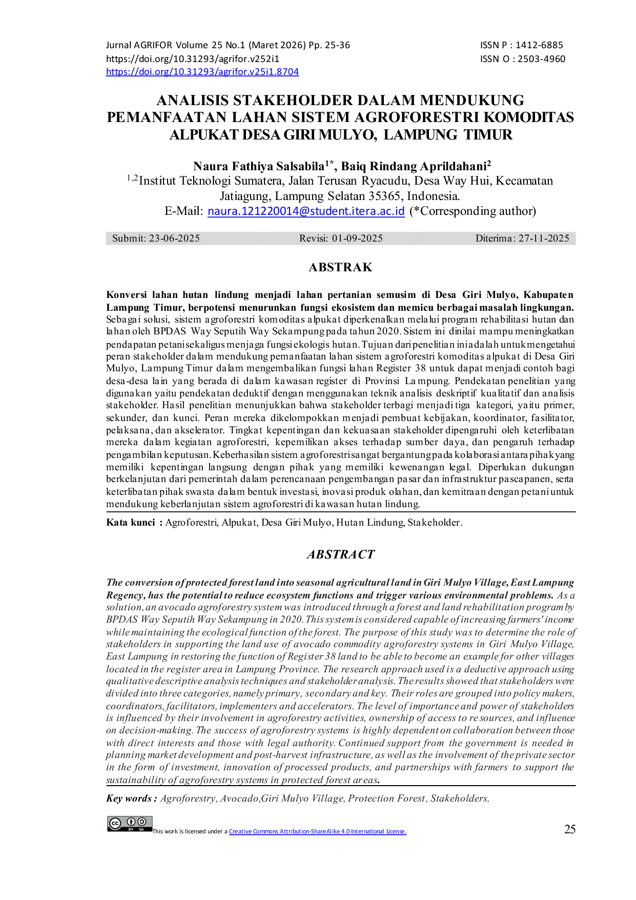JURIS Analisis Stakeholder Dalam Mendukung Pemanfaatan Lahan Sistem Agroforestri Komoditas Alpukat Desa Giri Mulyo Lampung Timur
