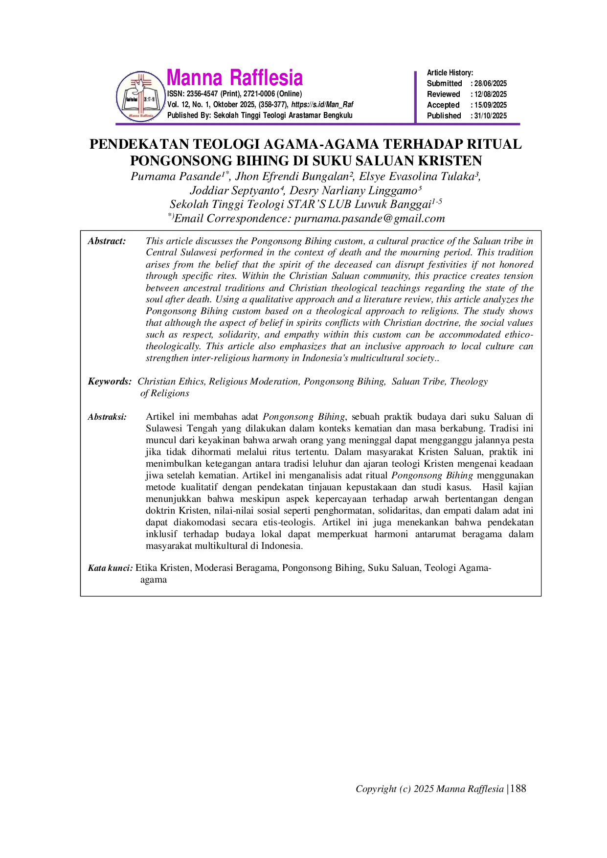 JURIS Pendekatan Teologi Agama Agama Terhadap Ritual Pongonsong Bihing Di Suku Saluan Kristen