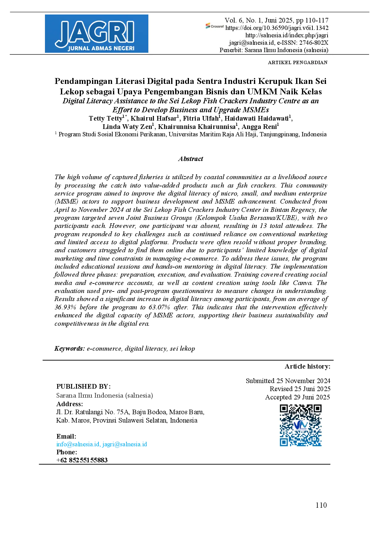 juris Digital Literacy Assistance to the Sei Lekop Fish Crackers Industry Centre as an Effort to Develop Business and Upgrade MSMEs