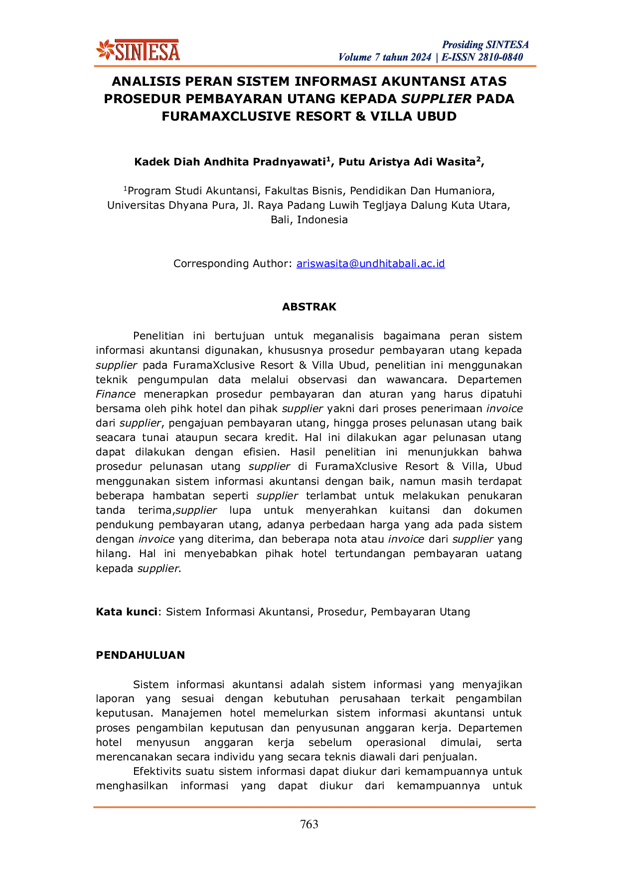 JURIS Analisis Peran Sistem Informasi Akuntansi Atas Prosedur Pembayaran Utang Kepada Supplier Pada Furamaxclusive Resort Villa Ubud