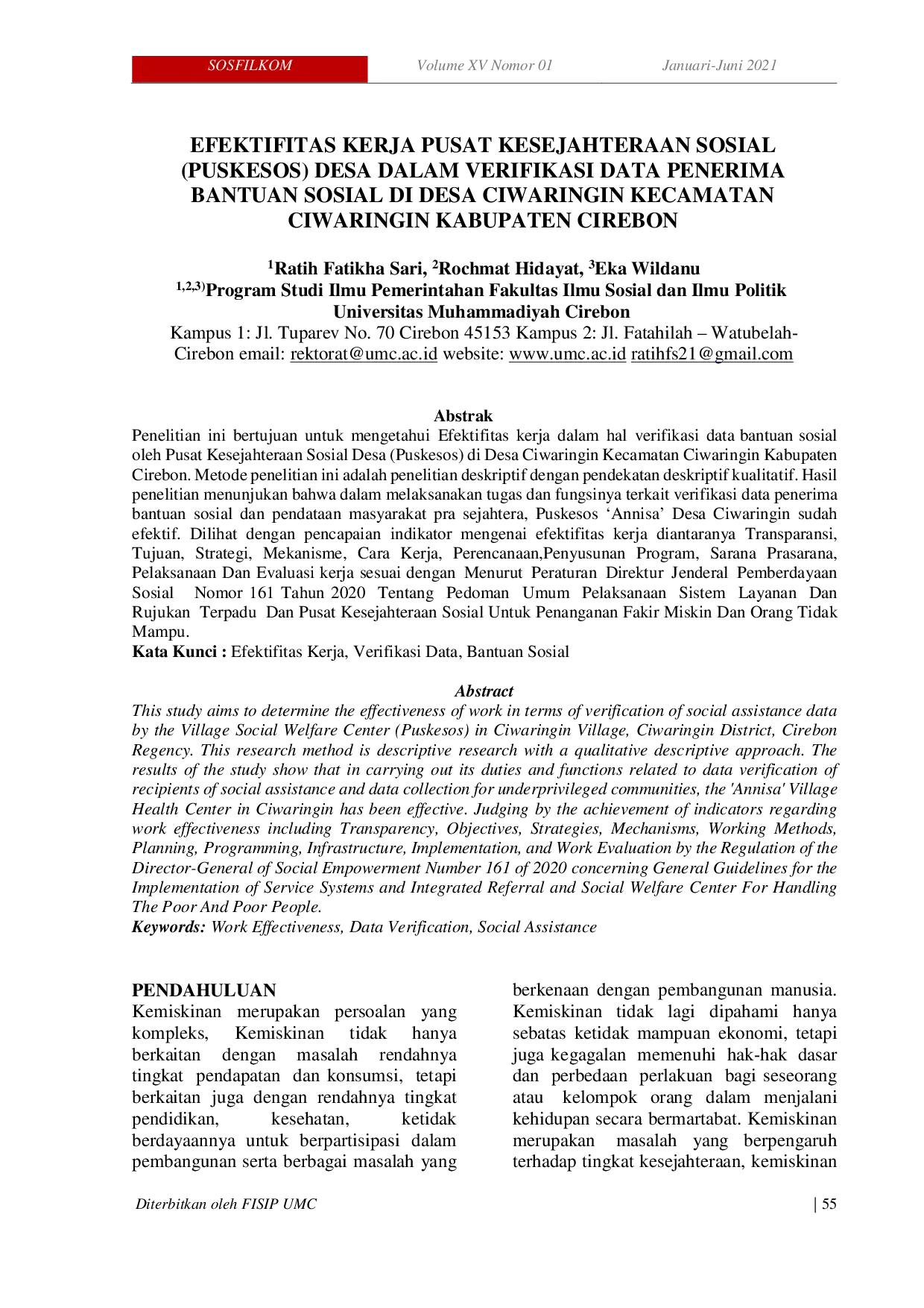 JURIS Efektivitas Kerja Pusat Kesejahteraan Sosial Puskesos Desa Dalam Verifikasi Data Penerima Bantuan Sosial Di Desa Ciwaringin Kecamatan Ciwaringin Kabupaten Cirebon