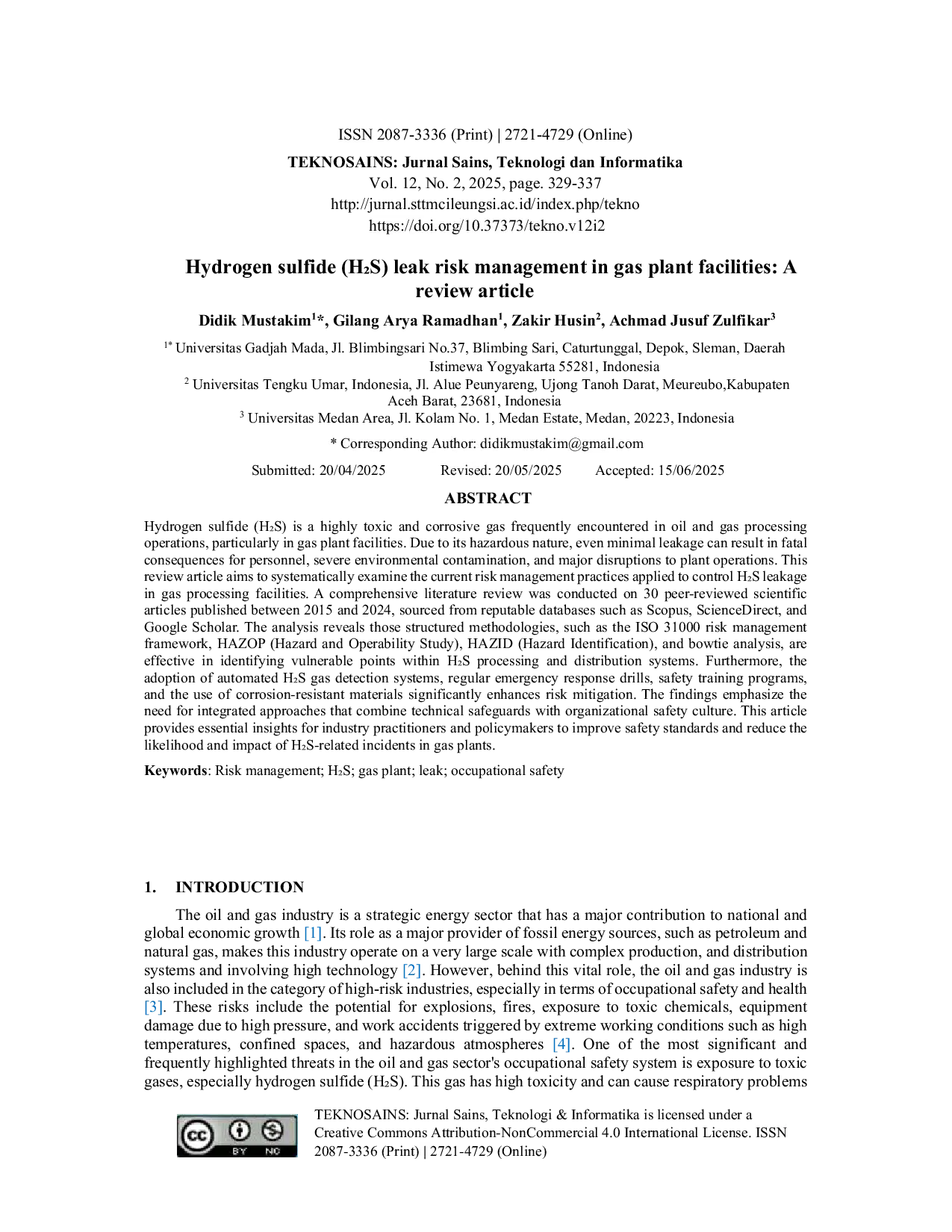 JURIS Hydrogen sulfide HCCS leak risk management in gas plant facilities A review article