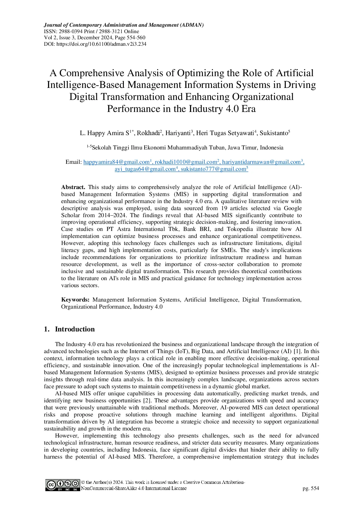 juris A Comprehensive Analysis of Optimizing the Role of Artificial Intelligence Based Management Information Systems in Driving Digital Transformation and Enhancing Organizational Performance in the Indust