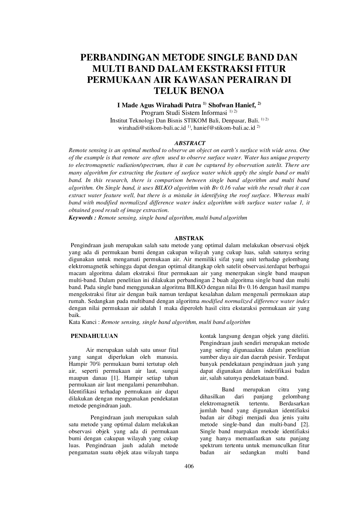 JURIS Perbandingan Metode Single Band dan Multi Band dalam Ekstraksi Fitur Permukaan Air Kawasan Perairan di Teluk Benoa
