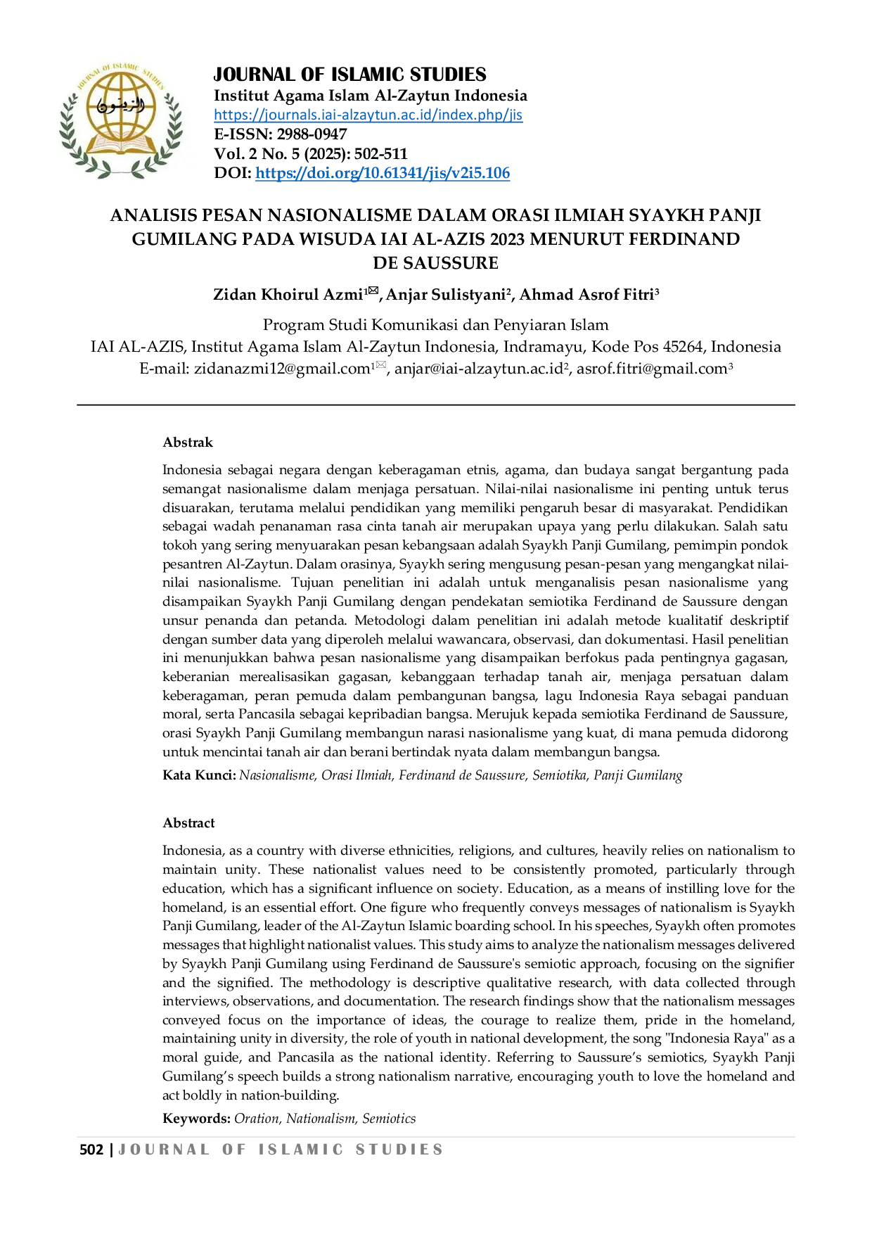 JURIS Analisis Pesan Nasionalisme dalam Orasi Ilmiah Syaykh Panji Gumilang pada Wisuda IAI Al Azis 2023 Menurut Ferdinand de Saussure