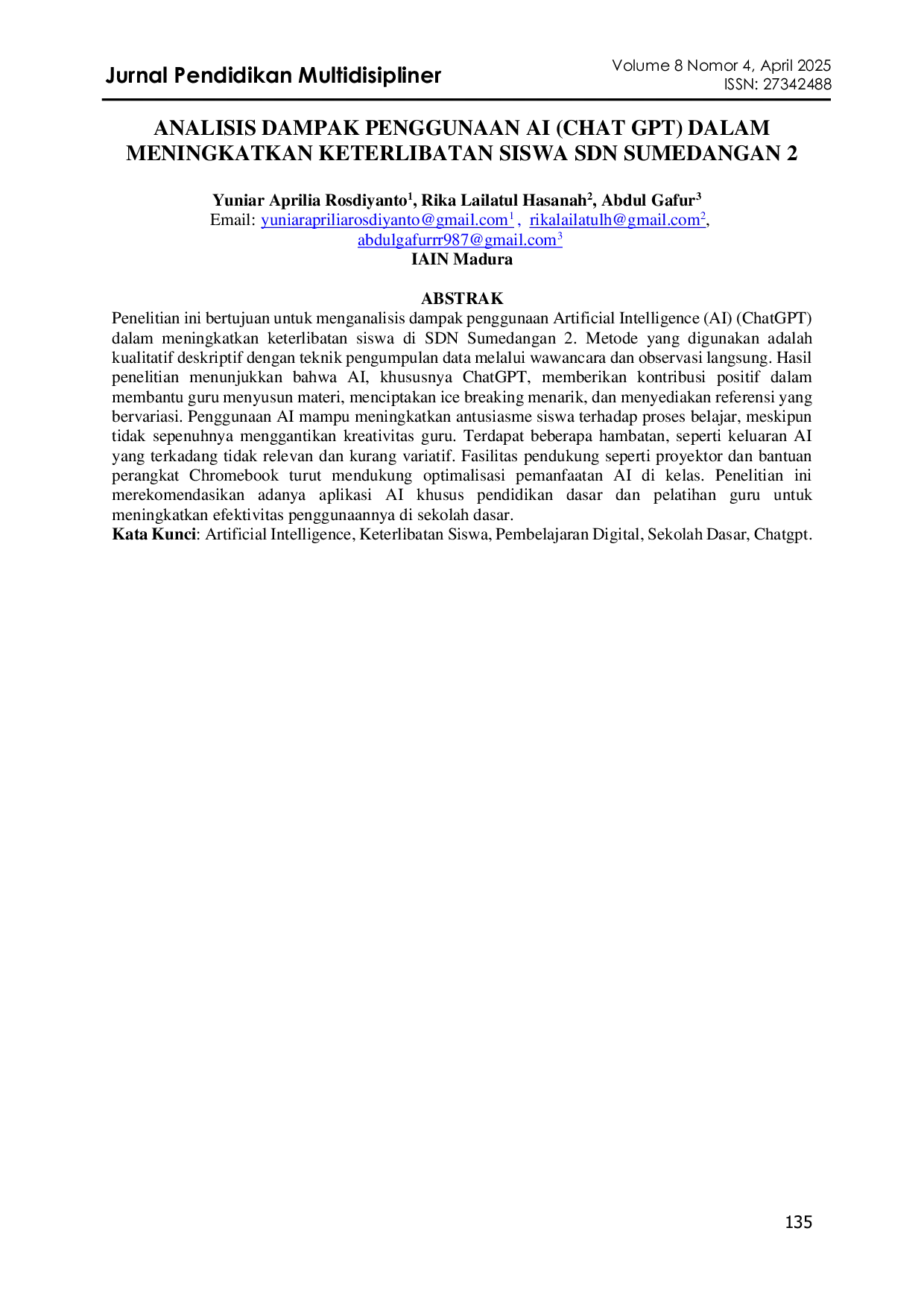 JURIS Analisis Dampak Penggunaan AI Chat GPT Dalam Meningkatkan Keterlibatan Siswa SDN Sumedangan 2