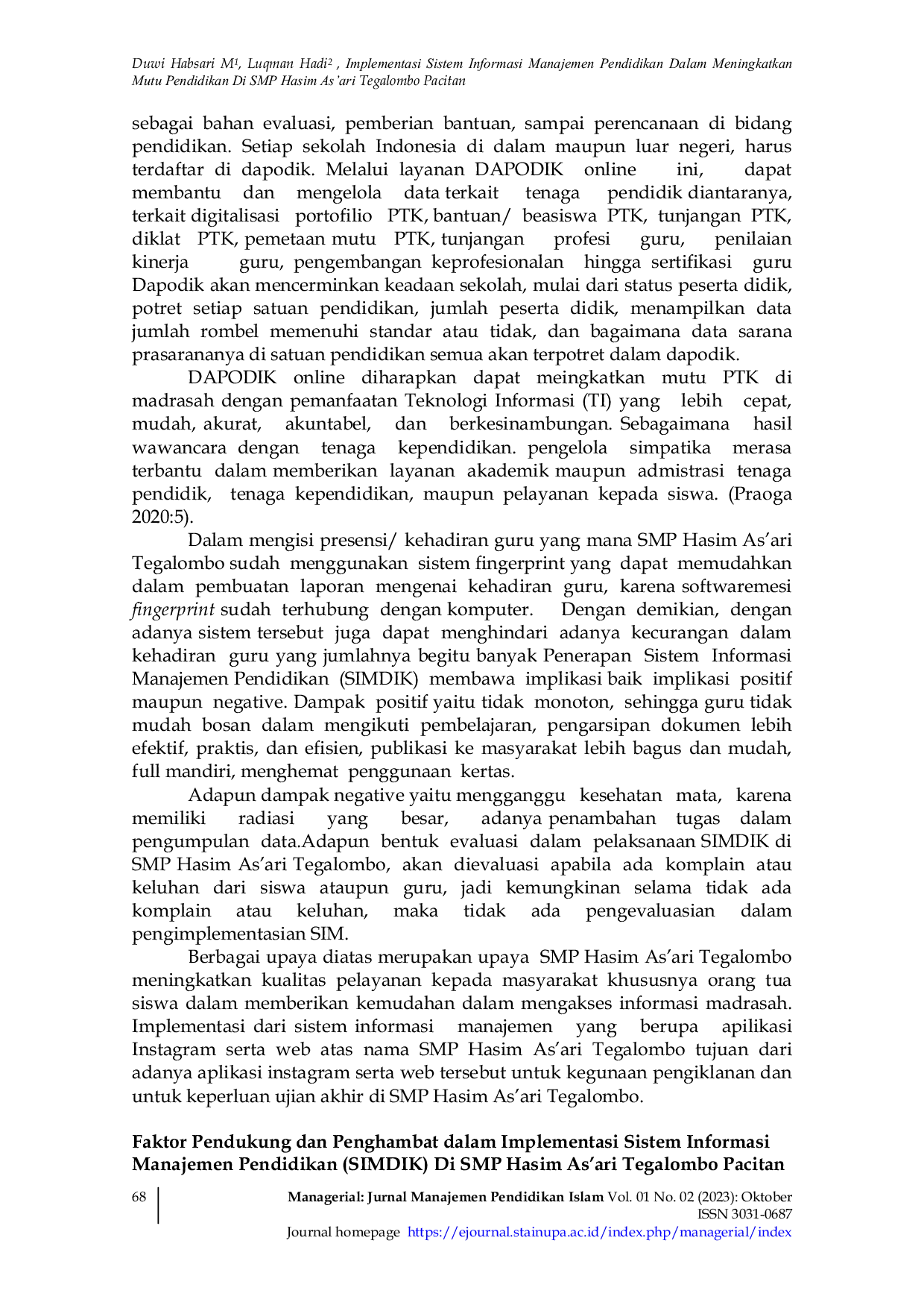 JURIS Implementasi Sistem Informasi Manajemen Pendidikan Dalam Meningkatkan Mutu Pendidikan Di SMP Hasim As ari Tegalombo Pacitan