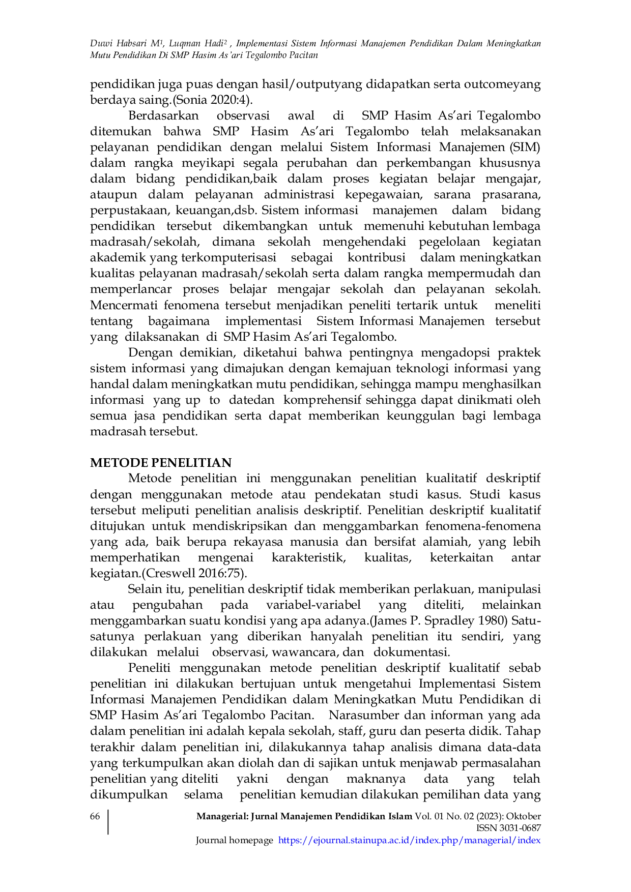 JURIS Implementasi Sistem Informasi Manajemen Pendidikan Dalam Meningkatkan Mutu Pendidikan Di SMP Hasim As ari Tegalombo Pacitan