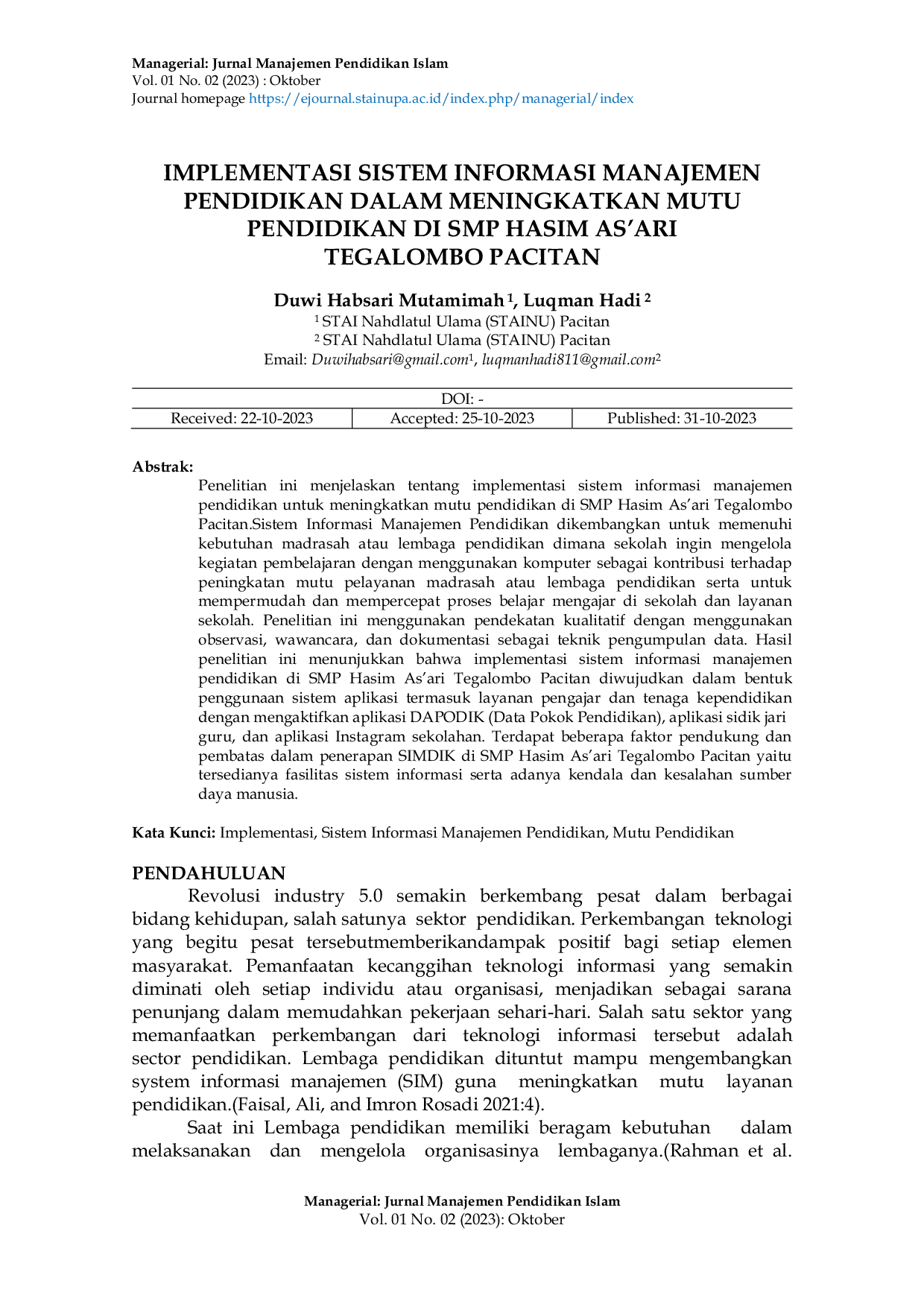 JURIS Implementasi Sistem Informasi Manajemen Pendidikan Dalam Meningkatkan Mutu Pendidikan Di SMP Hasim As ari Tegalombo Pacitan