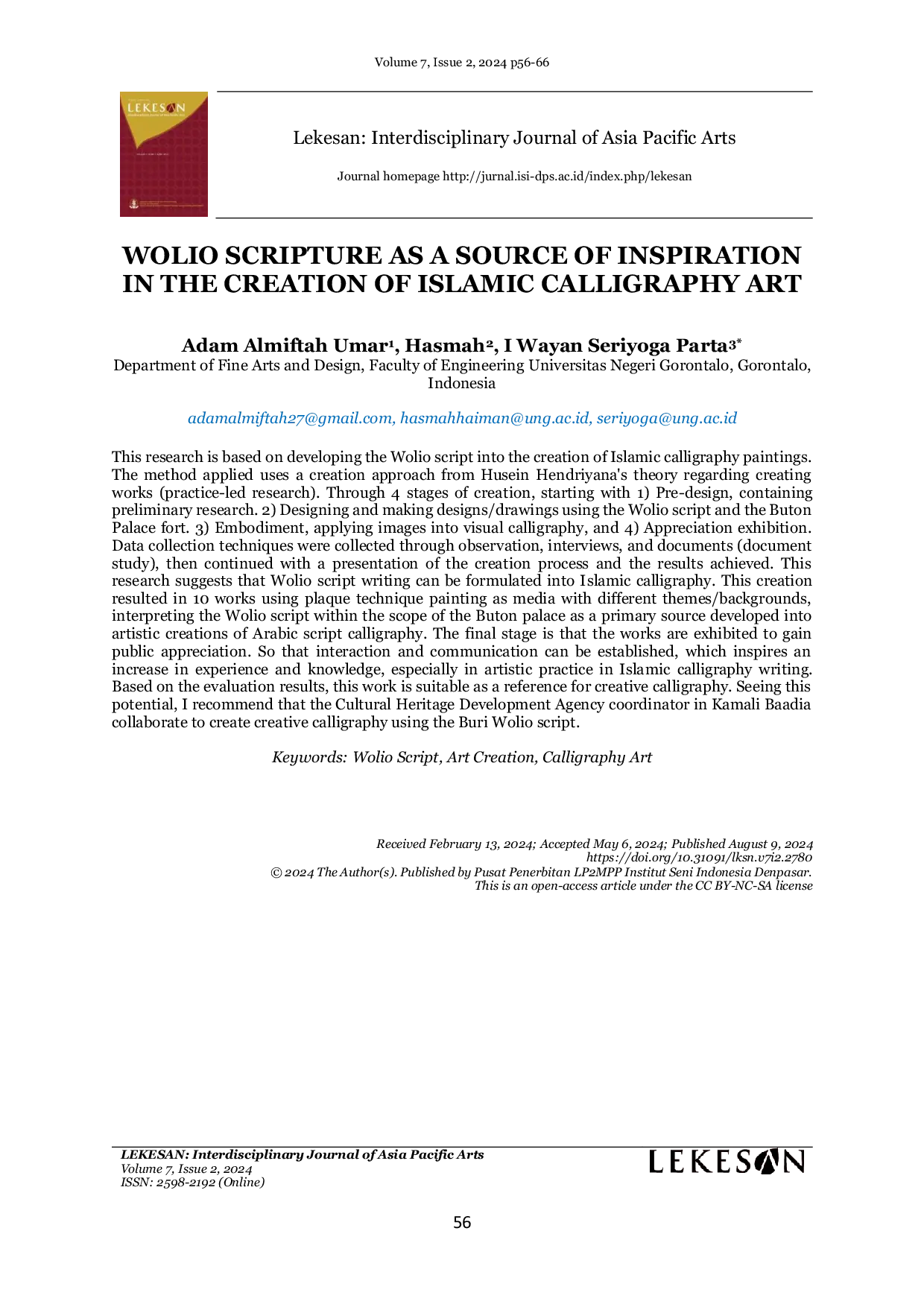 JURIS Wolio Scripture as a Source of Inspiration in the Creation of Islamic Calligraphy Art