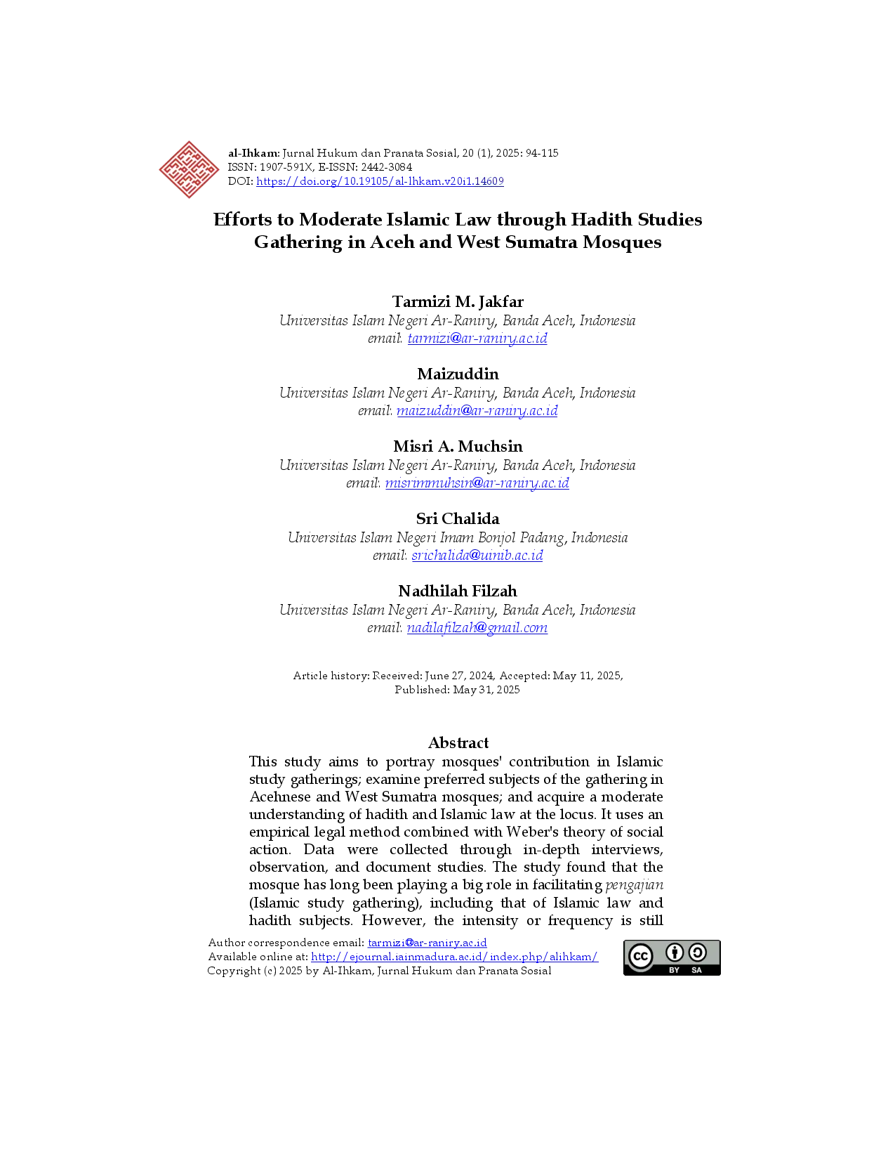juris Efforts to Moderate Islamic Law Understanding through Hadith Studies in Aceh and West Sumatra Mosques