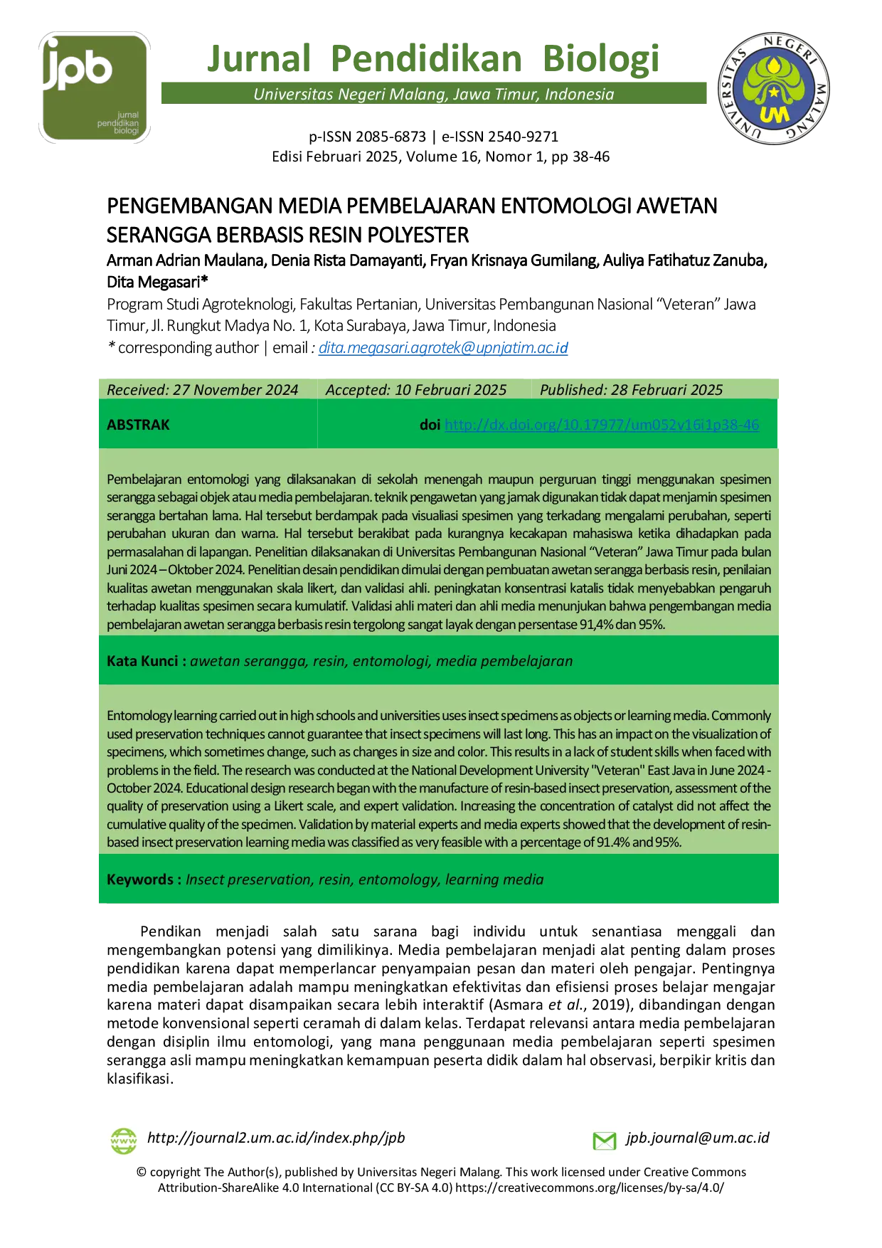 JURIS Pengembangan Media Pembelajaran Entomologi Awetan Serangga Berbasis Resin Polyester