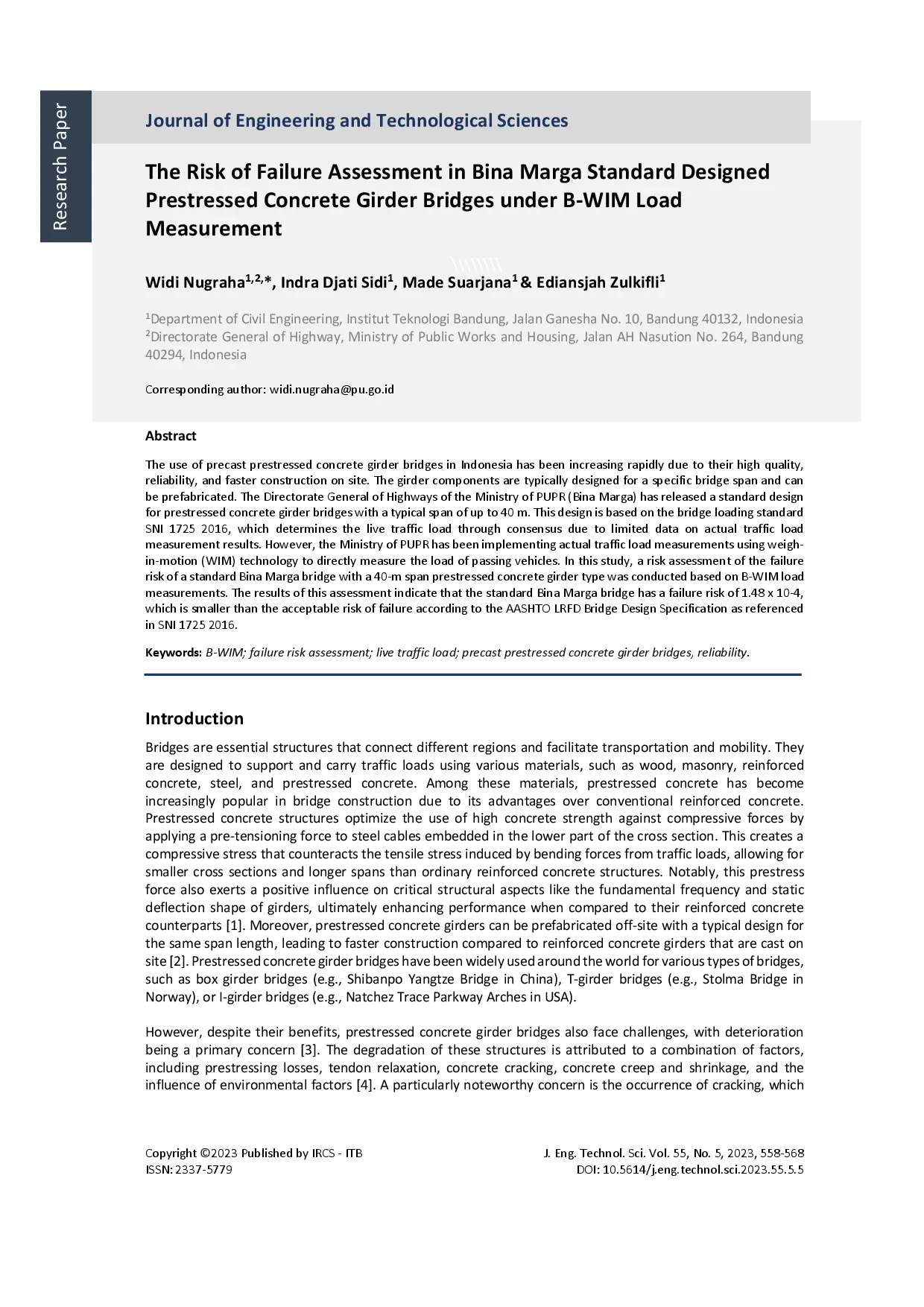 juris The Risk of Failure Assessment in Bina Marga Standard Designed Prestressed Concrete Girder Bridges under B WIM Load Measurement