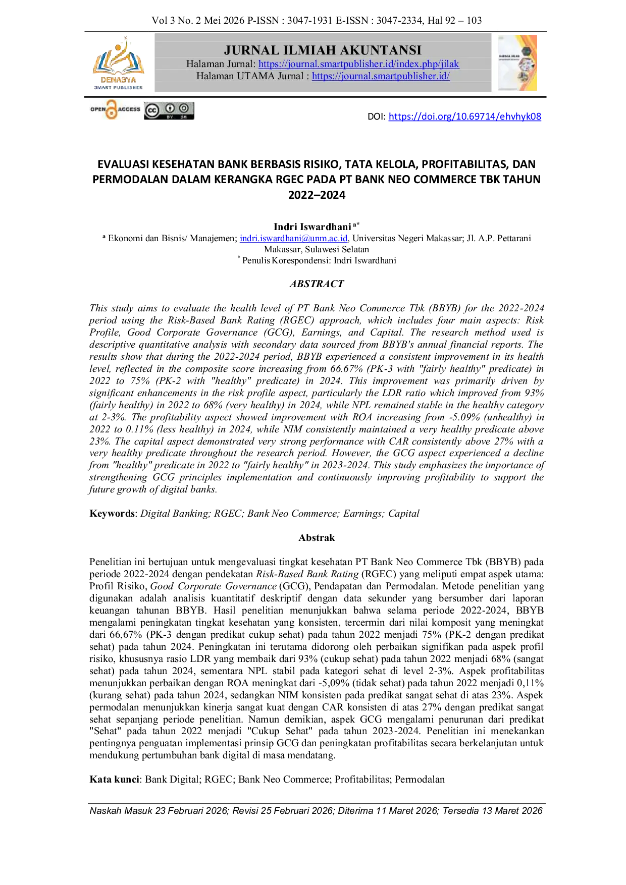 JURIS Evaluasi Kesehatan Bank Berbasis Risiko Tata Kelola Profitabilitas dan Permodalan Dalam Kerangka Rgec Pada Pt Bank Neo Commerce Tbk Tahun 2022 2024