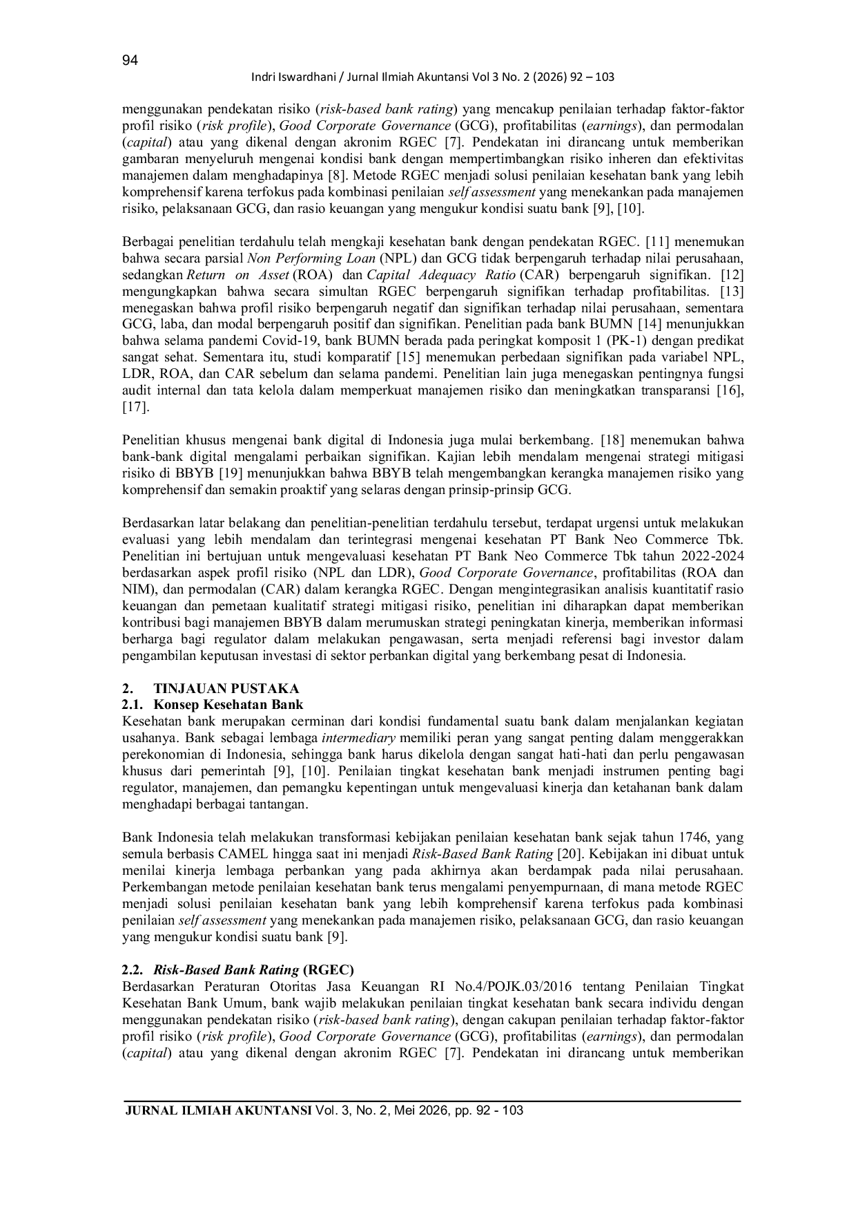 JURIS Evaluasi Kesehatan Bank Berbasis Risiko Tata Kelola Profitabilitas dan Permodalan Dalam Kerangka Rgec Pada Pt Bank Neo Commerce Tbk Tahun 2022 2024