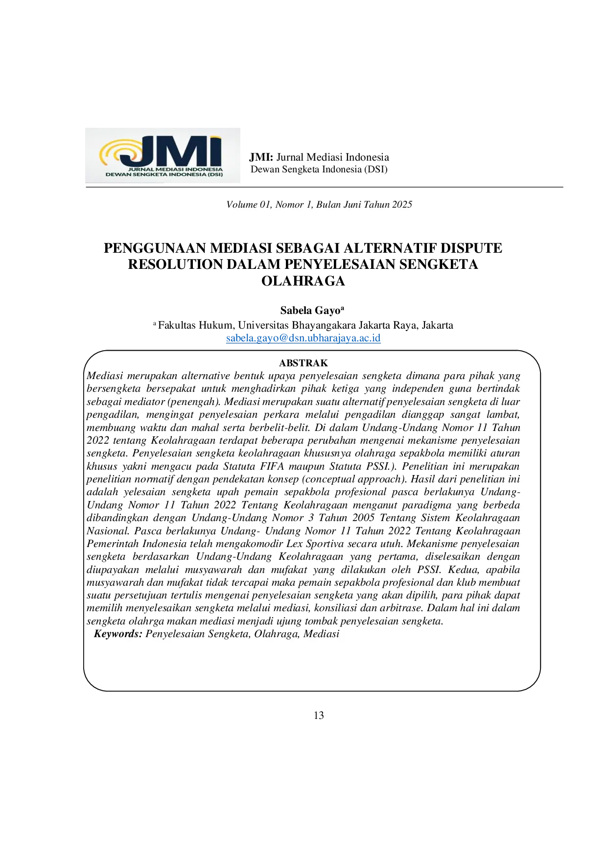 JURIS Penggunaan Mediasi Sebagai Alternatif Dispute Resolution Dalam Penyelesaian Sengketa Olahraga