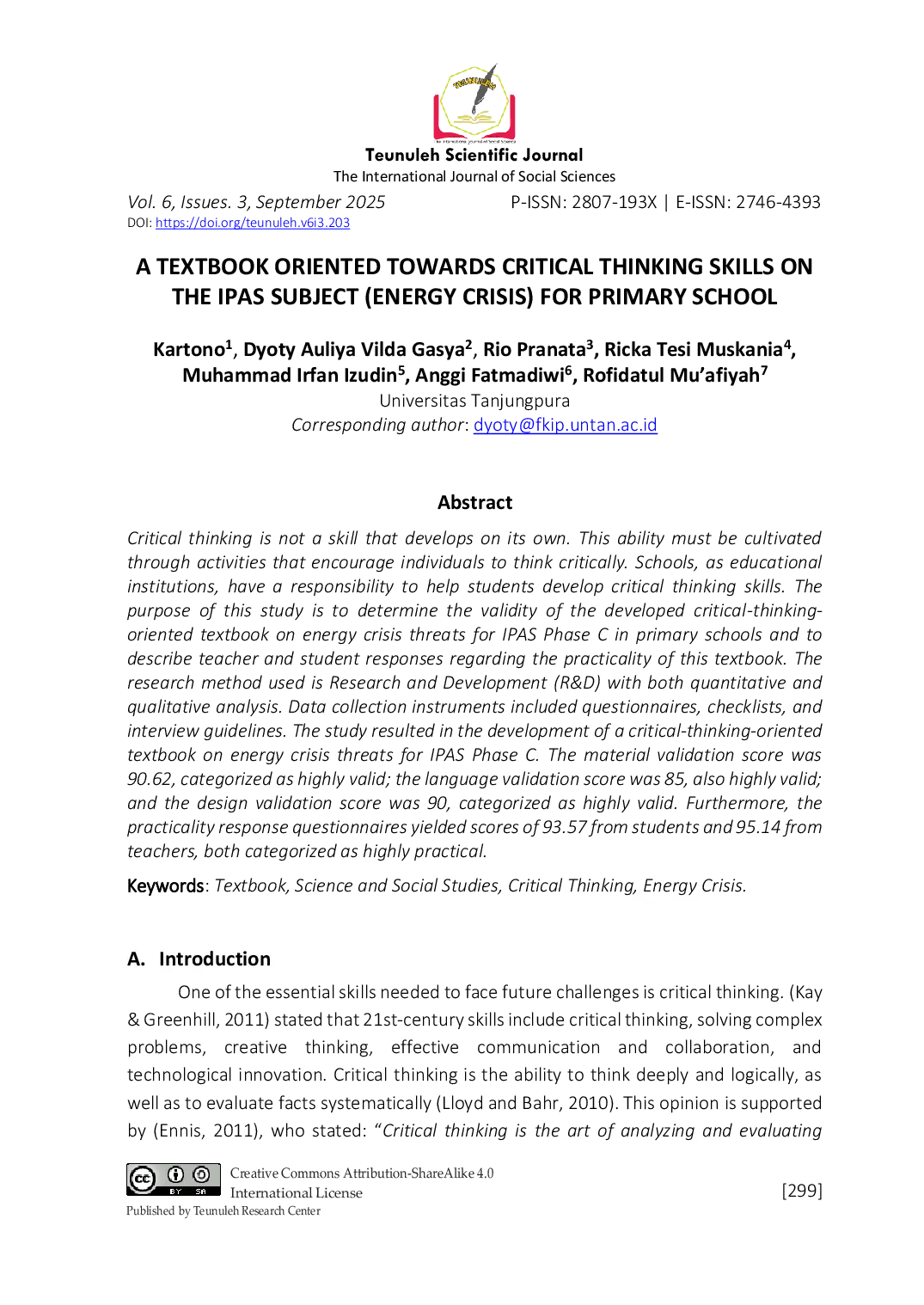 JURIS A Textbook Oriented Towards Critical Thinking Skills on The IPAS Subject Energy Crisis for Primary School