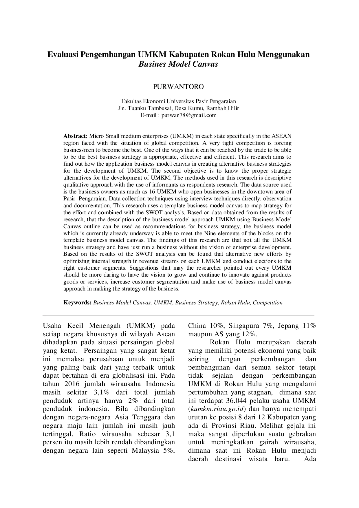 juris Evaluasi Pengembangan UMKM Kabupaten Rokan Hulu Menggunakan Busines Model Canvas