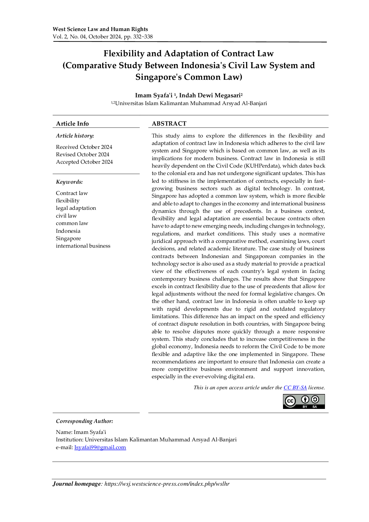 JURIS Flexibility and Adaptation of Contract Law Comparative Study Between Indonesia s Civil Law System and Singapore s Common Law