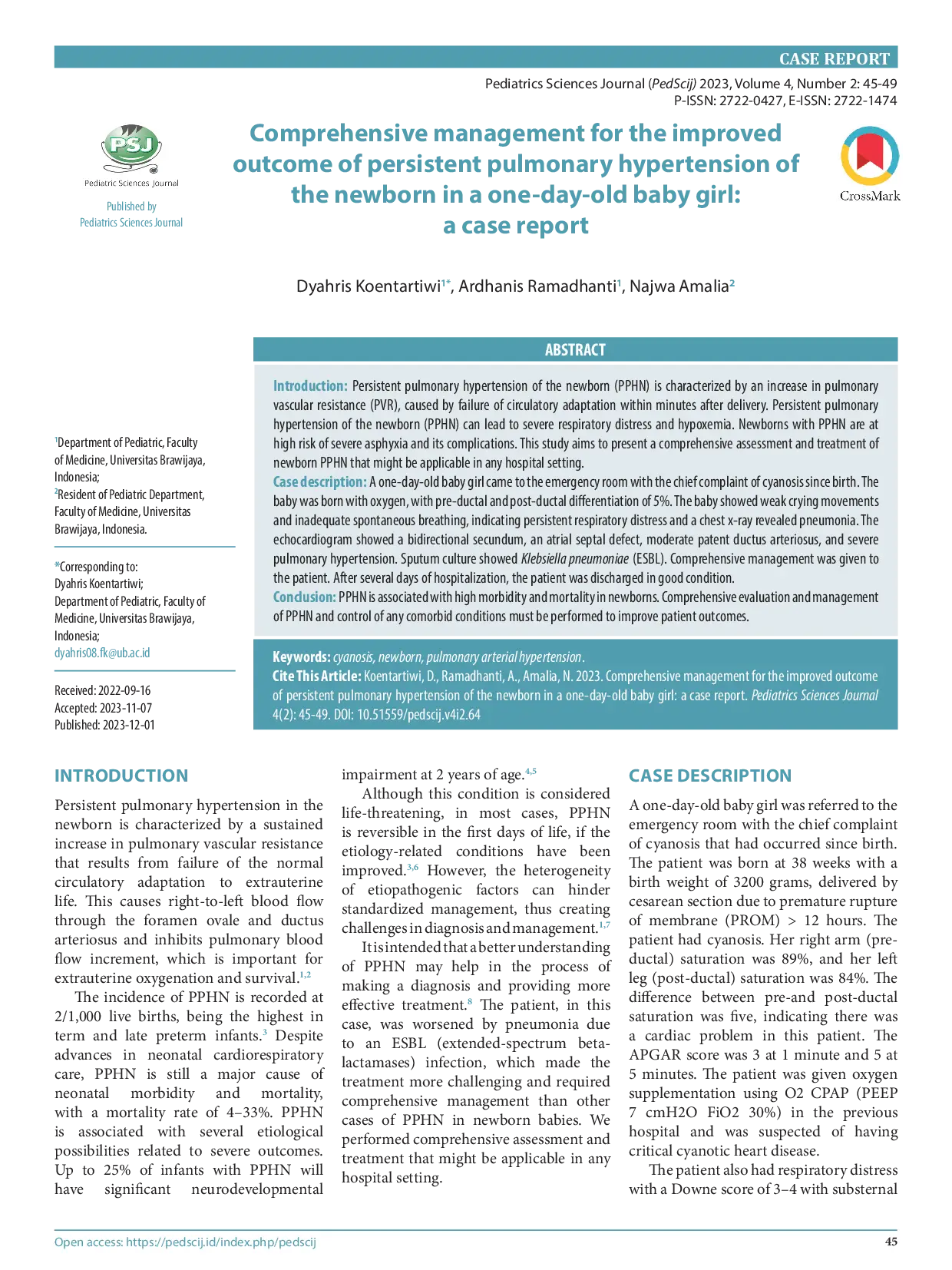 juris Comprehensive management for the improved outcome of persistent pulmonary hypertension of the newborn in a one day old baby girl a case report