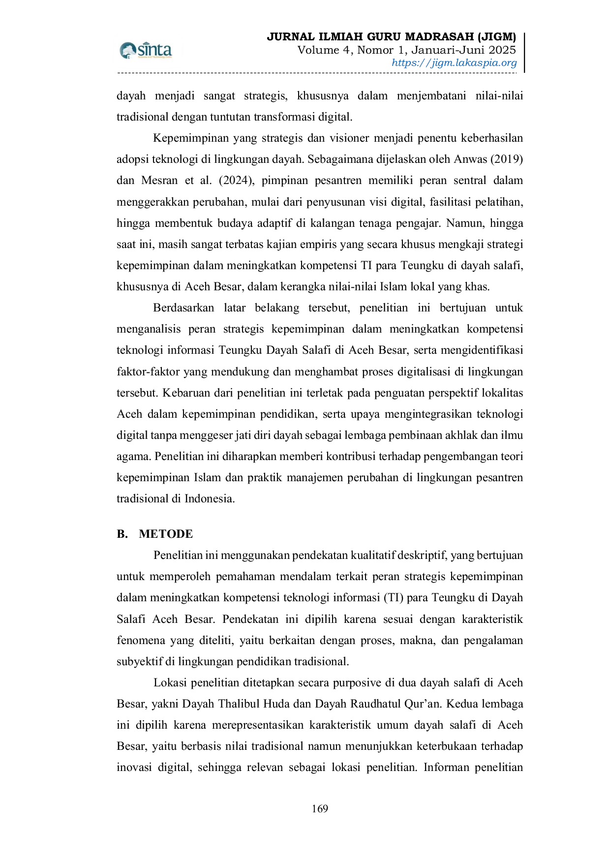 JURIS Peran Strategis Kepemimpinan dalam Meningkatkan Kompetensi Teknologi Informasi Teungku Dayah Salafi di Aceh Besar