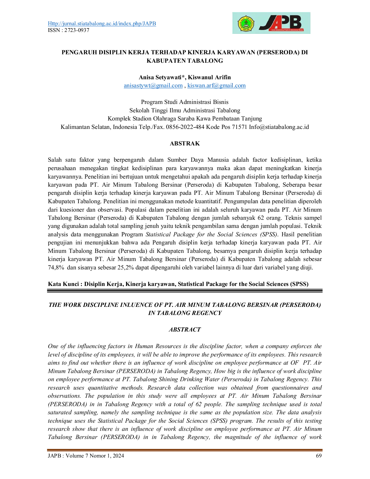 JURIS Pengaruh Disiplin Kerja Terhadap Kinerja Karyawan Perseroda Di Kabupaten Tabalong