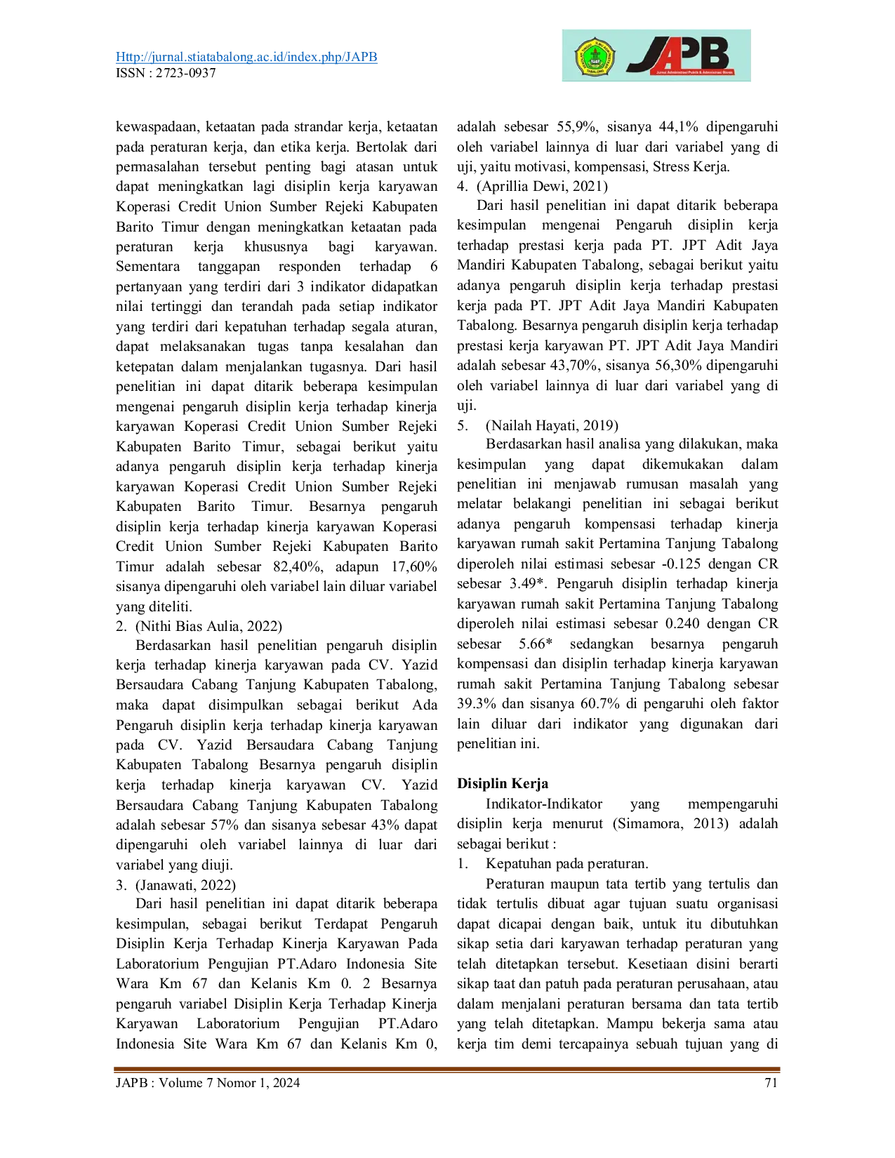 JURIS Pengaruh Disiplin Kerja Terhadap Kinerja Karyawan Perseroda Di Kabupaten Tabalong