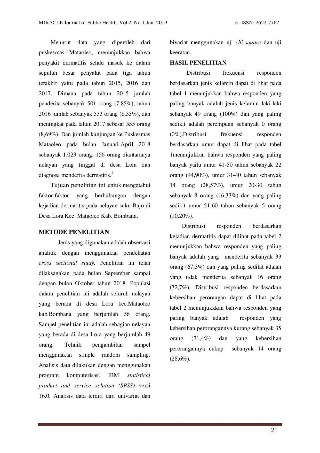 JURIS Faktor Faktor Yang Berhubungan Dengan Kejadian Dermatitis Pada Nelayan Suku Bajo Di Desa Lora Kec Mataoleo Kab Bombana