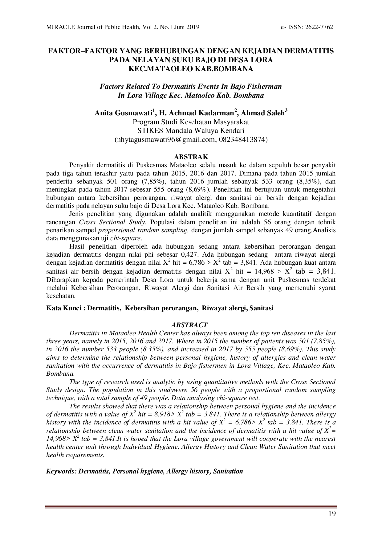 JURIS Faktor Faktor Yang Berhubungan Dengan Kejadian Dermatitis Pada Nelayan Suku Bajo Di Desa Lora Kec Mataoleo Kab Bombana