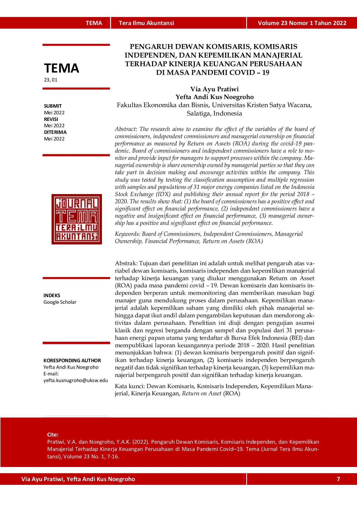 JURIS Pengaruh Dewan Komisaris Komisaris Independen Dan Kepemilikan Manajerial Terhadap Kinerja Keuangan Perusahaan Di Masa Pandemi Covid 19