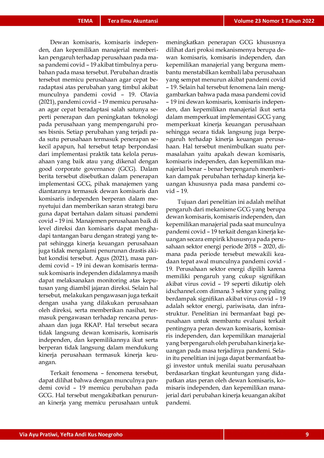 JURIS Pengaruh Dewan Komisaris Komisaris Independen Dan Kepemilikan Manajerial Terhadap Kinerja Keuangan Perusahaan Di Masa Pandemi Covid 19