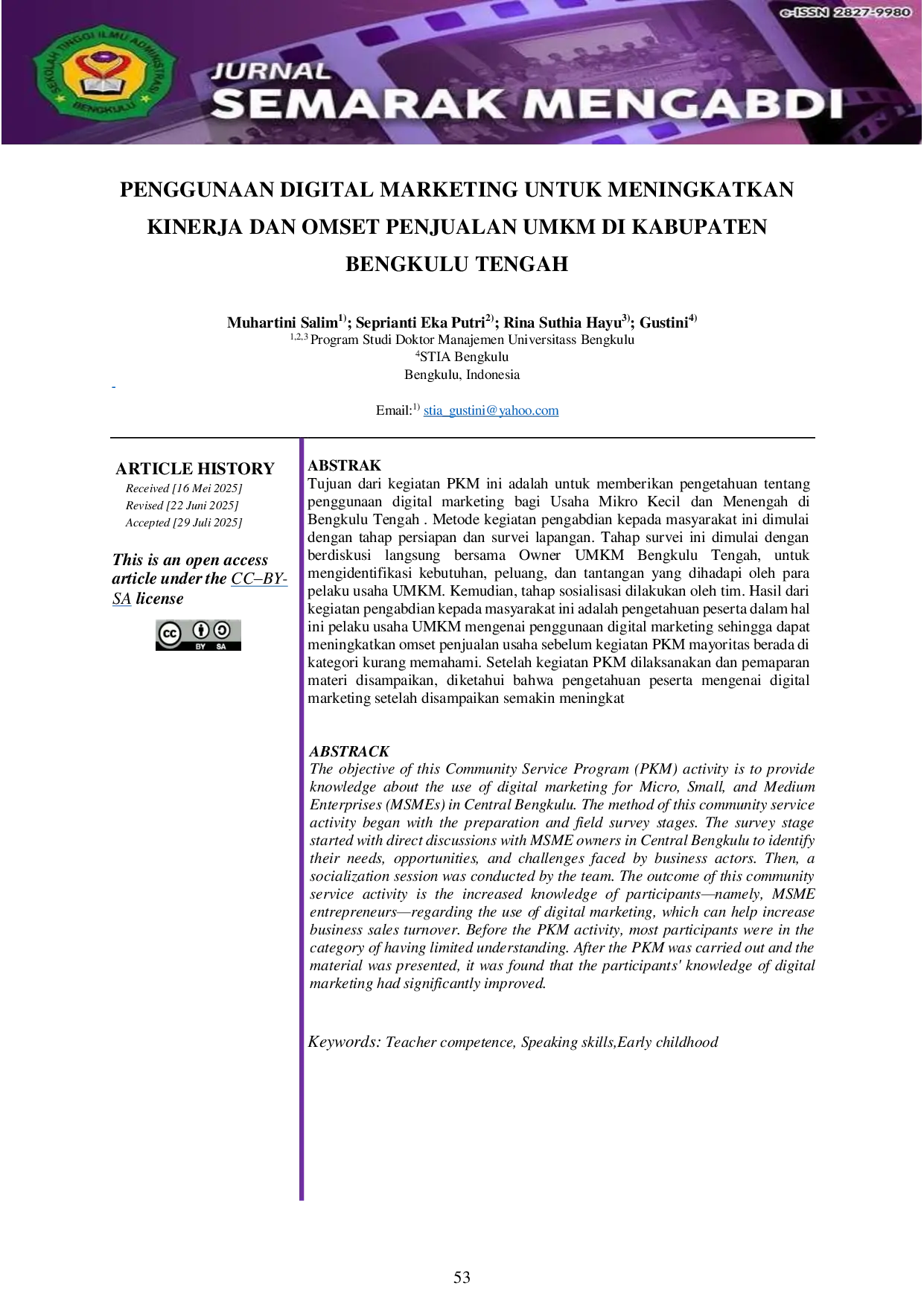 JURIS Penggunaan Digital Marketing Untuk Meningkatkan Kinerja dan Omset Penjualan UMKM di Kabupaten Bengkulu Tengah