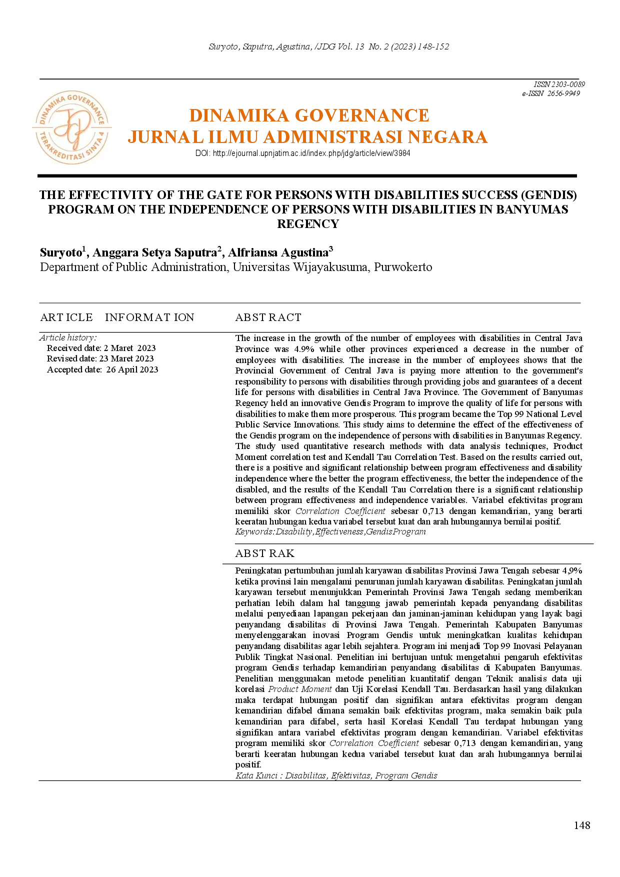 juris The Effectivity Of The Gate For Persons With Disabilities Success Gendis Program On The Independence Of Persons With Disabilities In Banyumas Regency