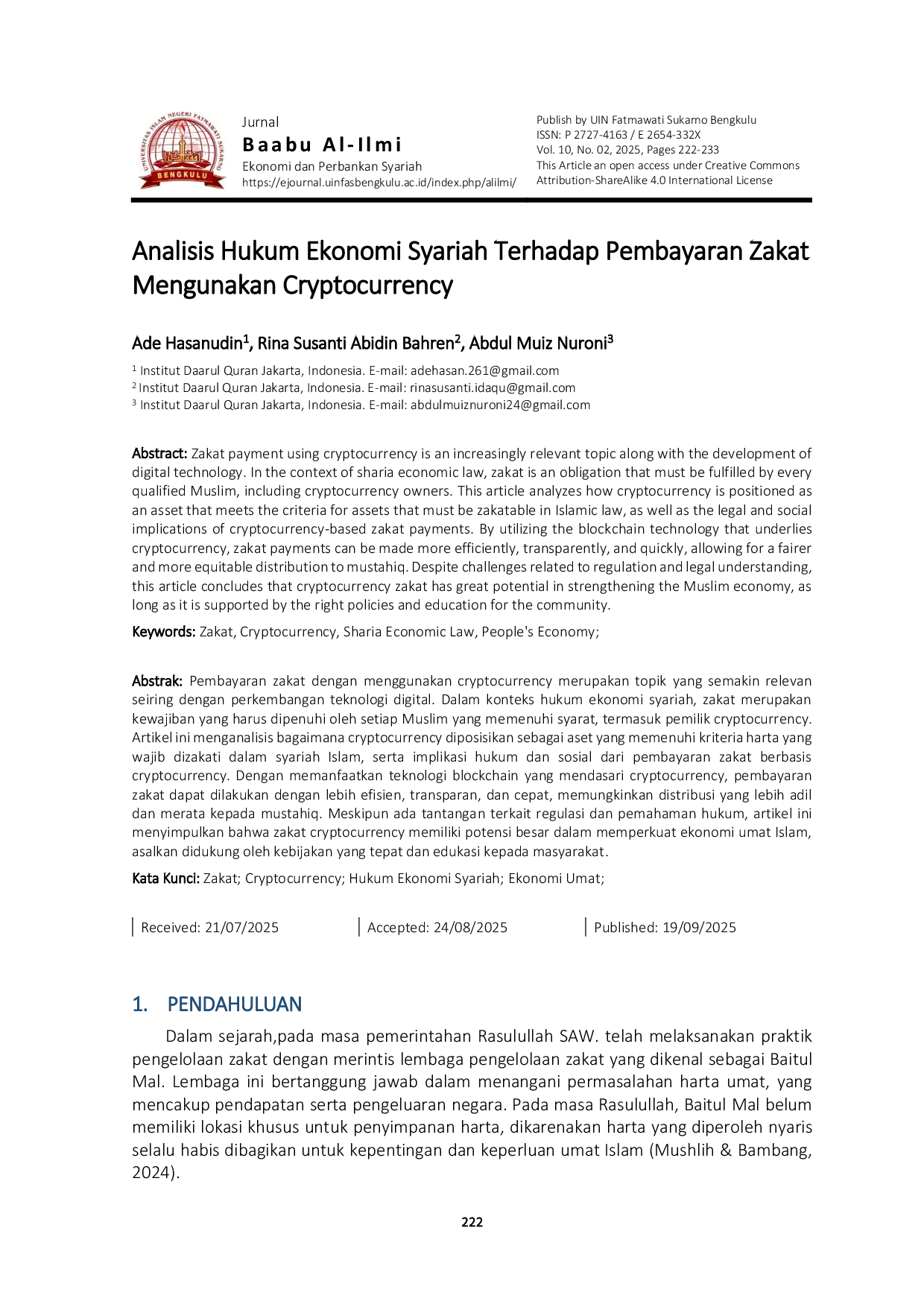 JURIS Analisis Hukum Ekonomi Syariah Terhadap Pembayaran Zakat Mengunakan Cryptocurrency