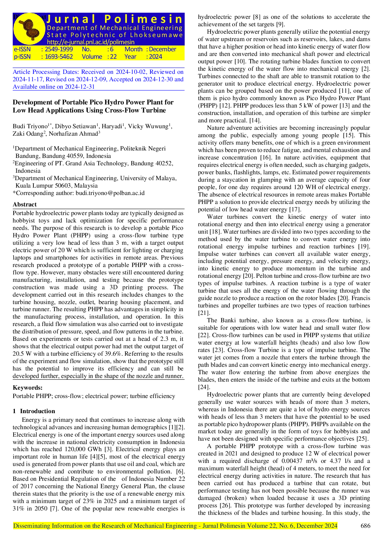 JURIS Development of Portable Pico Hydro Power Plant for Low Head Applications Using Cross Flow Turbine