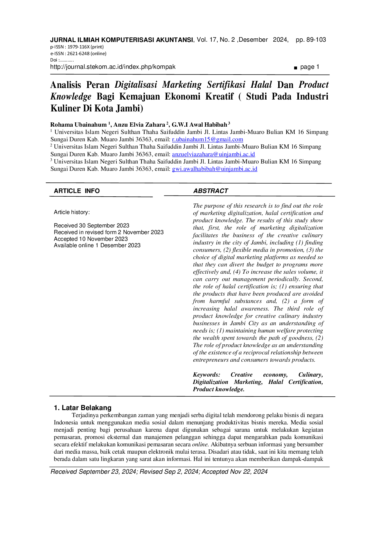 JURIS Analisis Peran Digitalisasi Marketing Sertifikasi Halal Dan Product Knowledge Bagi Kemajuan Ekonomi Kreatif