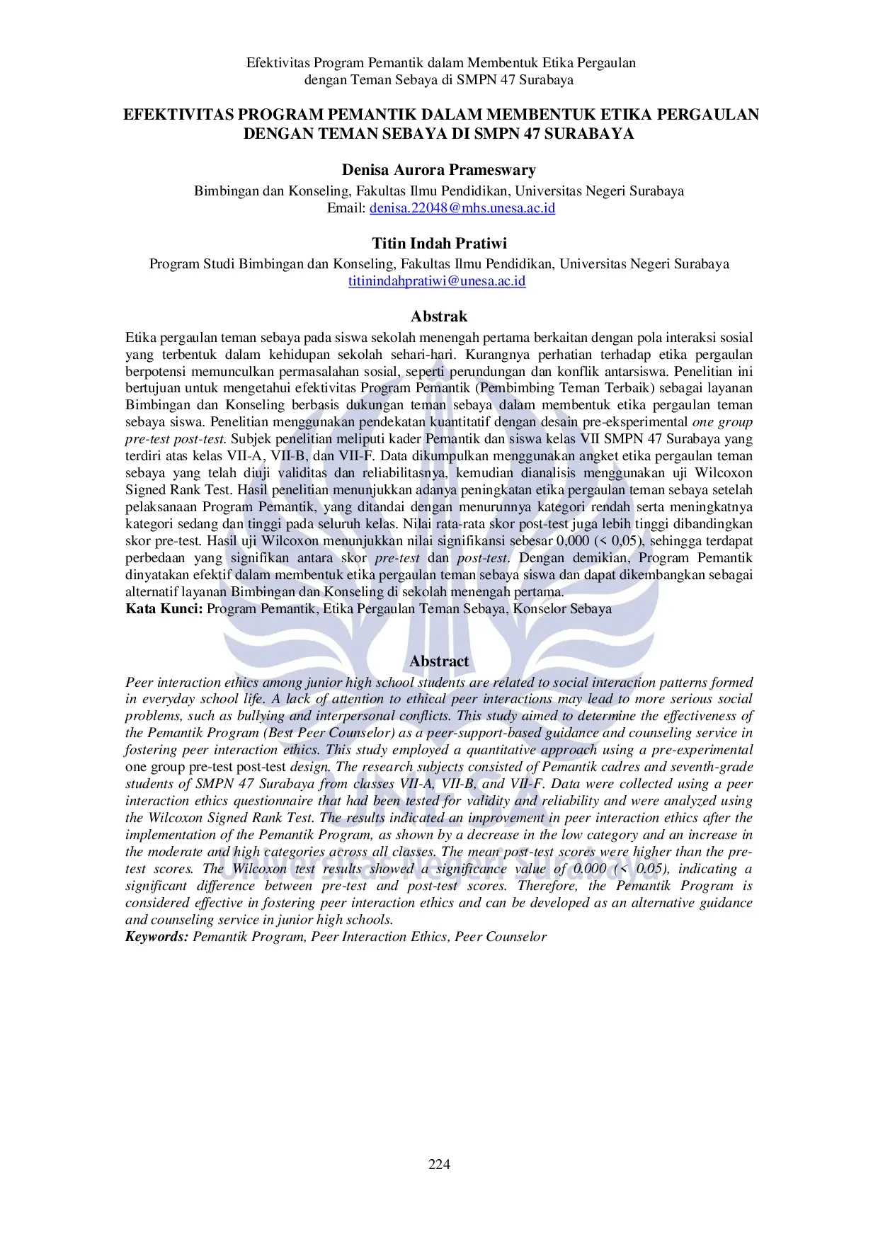 JURIS Efektivitas Program Pemantik dalam Membentuk Etika Pergaulan dengan Teman Sebaya di SMPN 47 Surabaya