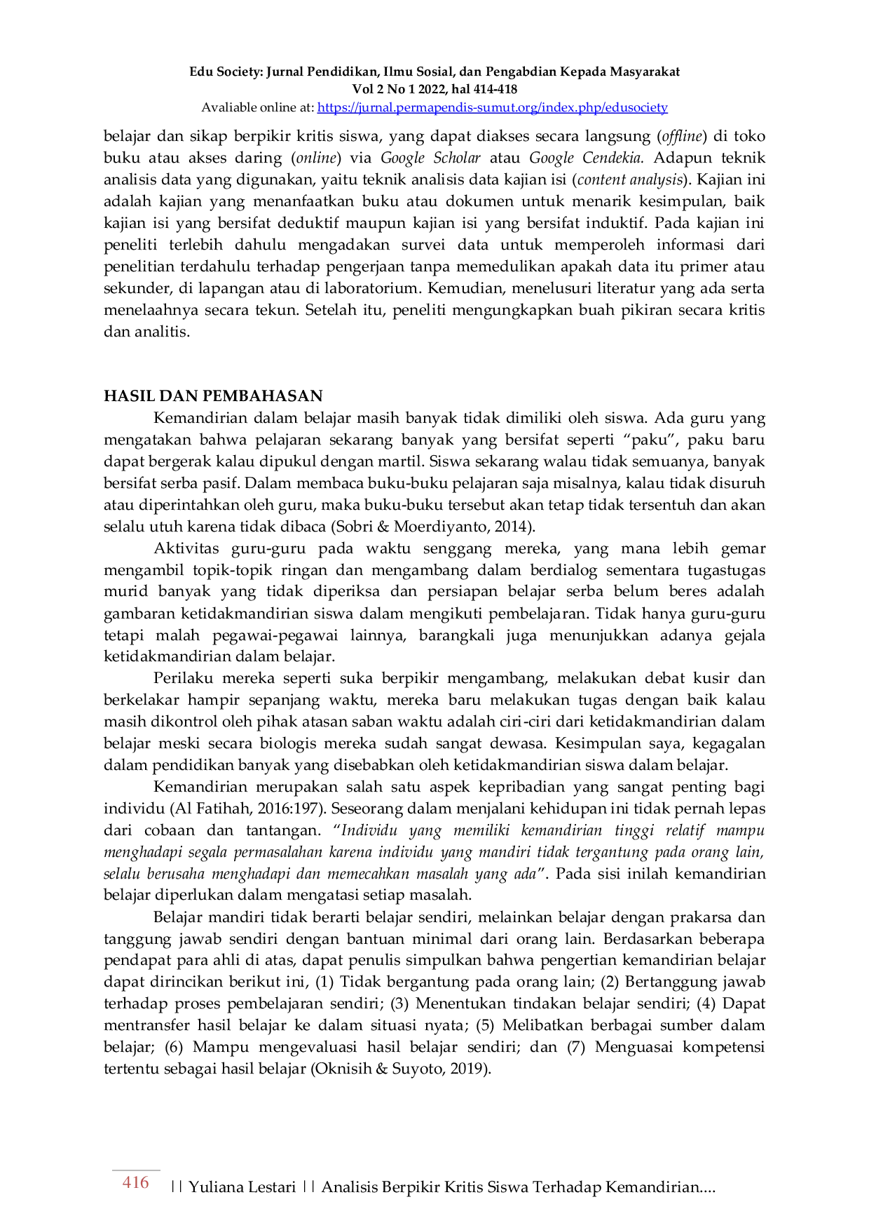 JURIS Analisis Berpikir Kritis Siswa Terhadap Kemandirian Belajar Siswa dalam Pembelajaran PAI