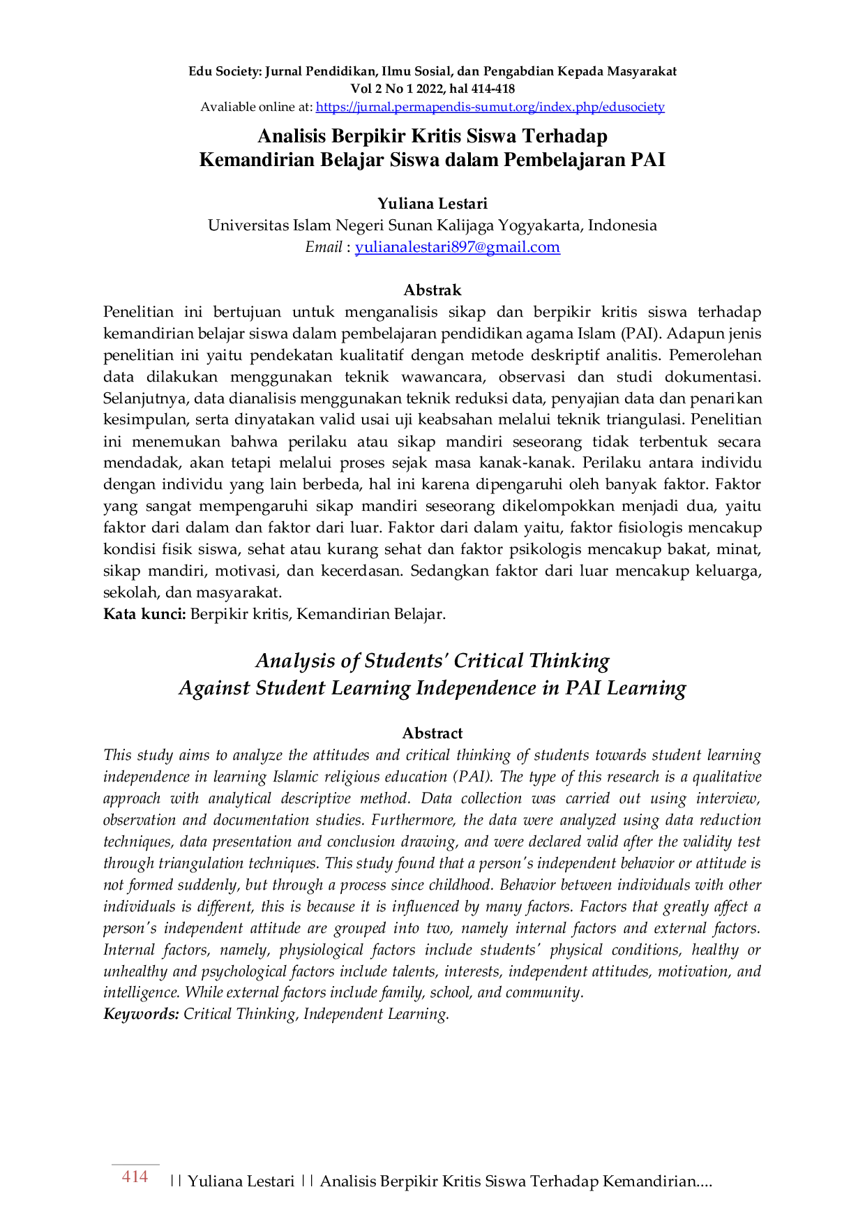 JURIS Analisis Berpikir Kritis Siswa Terhadap Kemandirian Belajar Siswa dalam Pembelajaran PAI