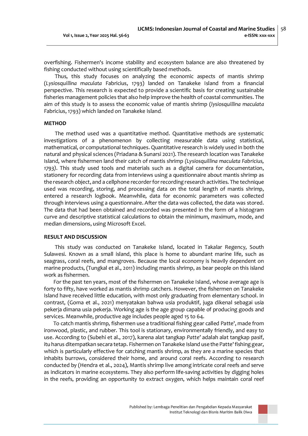 JURIS Financial Analysis of Mantis Shrimp Lysiosquillina maculata Fabricus 1793 Landed on Tanakeke Island