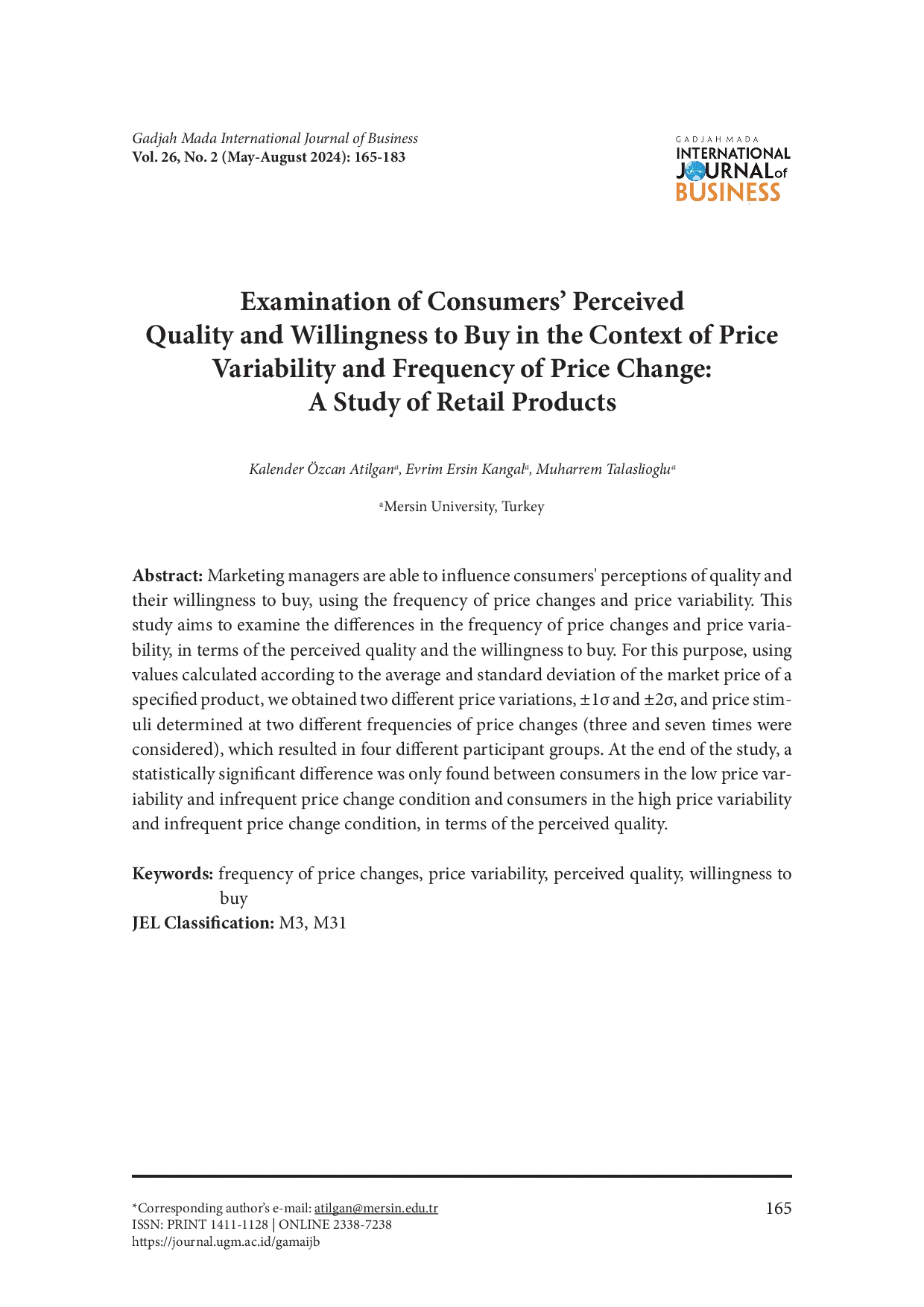 juris Examination of Consumers Perceived Quality and Willingness to Buy in the Context of Price Variability and Frequency of Price Change A Study of Retail Products