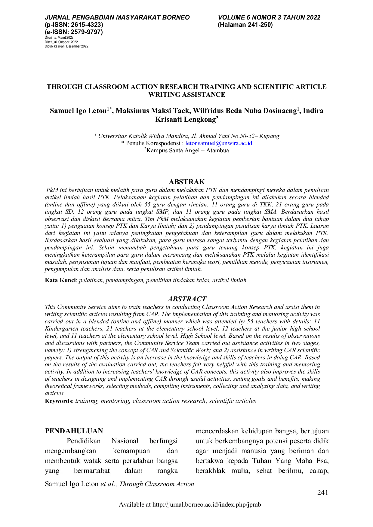 JURIS Through Classroom Action Research Training and Scientific Article Writing Assistance