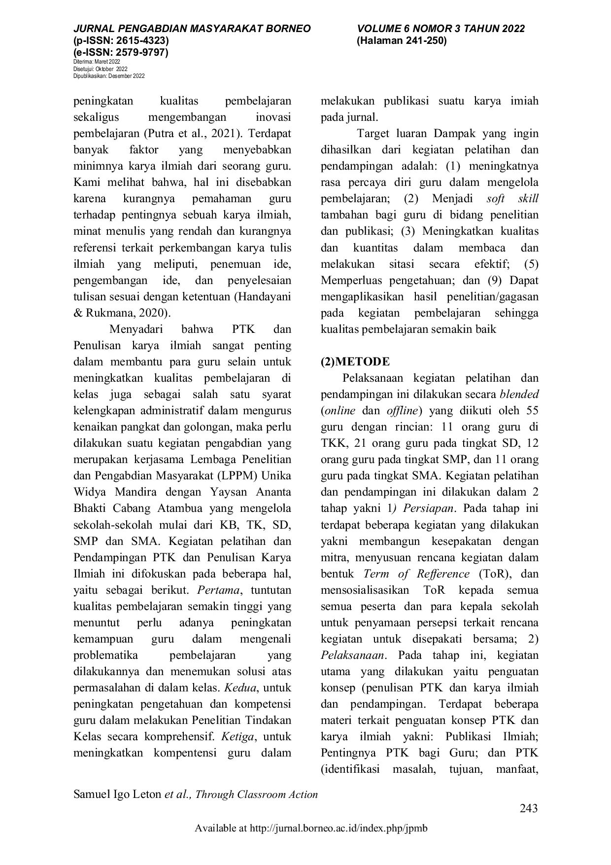 JURIS Through Classroom Action Research Training and Scientific Article Writing Assistance