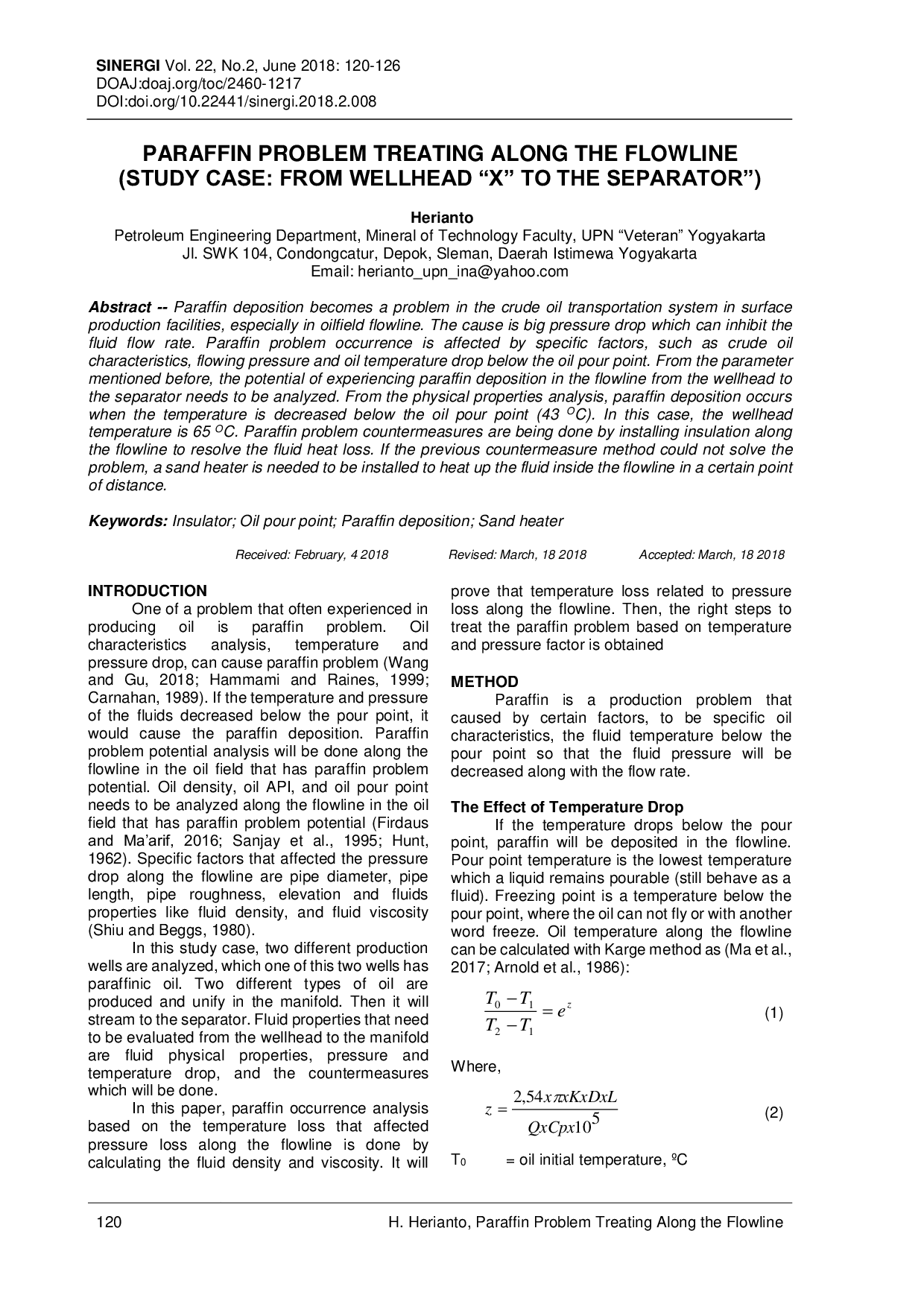 JURIS Paraffin Problem Treating Along The Flowline Study Case From Wellhead X To The Separator