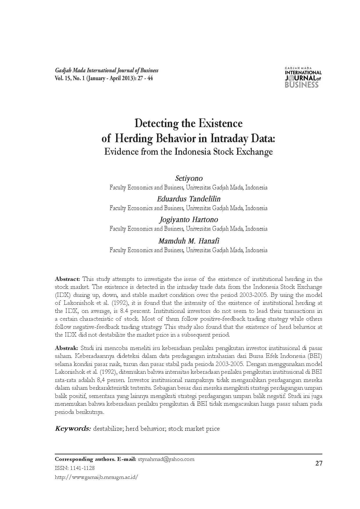juris Detecting the Existence of Herding Behavior in Intraday Data Evidence from the Indonesia Stock Exchange