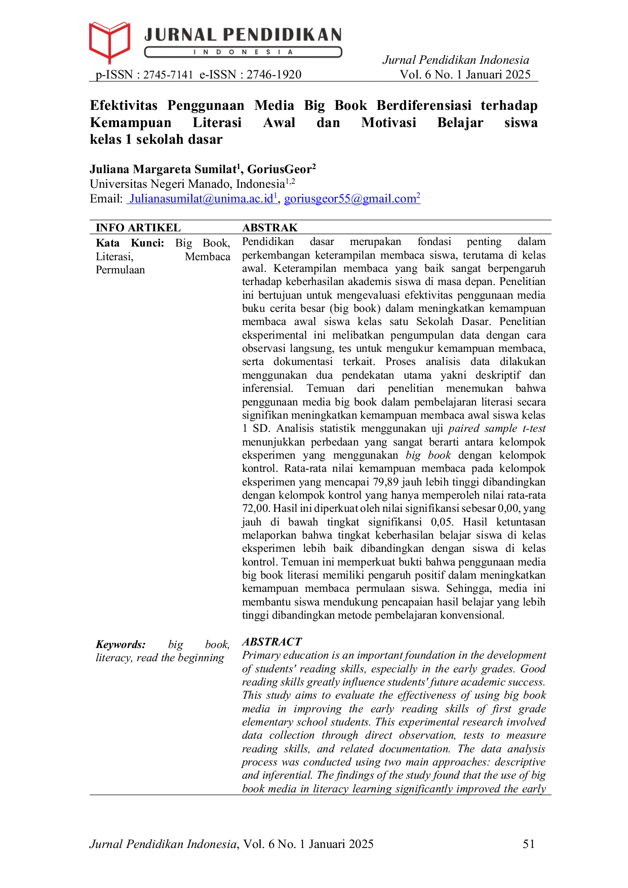 JURIS Efektivitas Penggunaan Media Big Book Berdiferensiasi terhadap Kemampuan Literasi Awal dan Motivasi Belajar siswa kelas 1 sekolah dasar